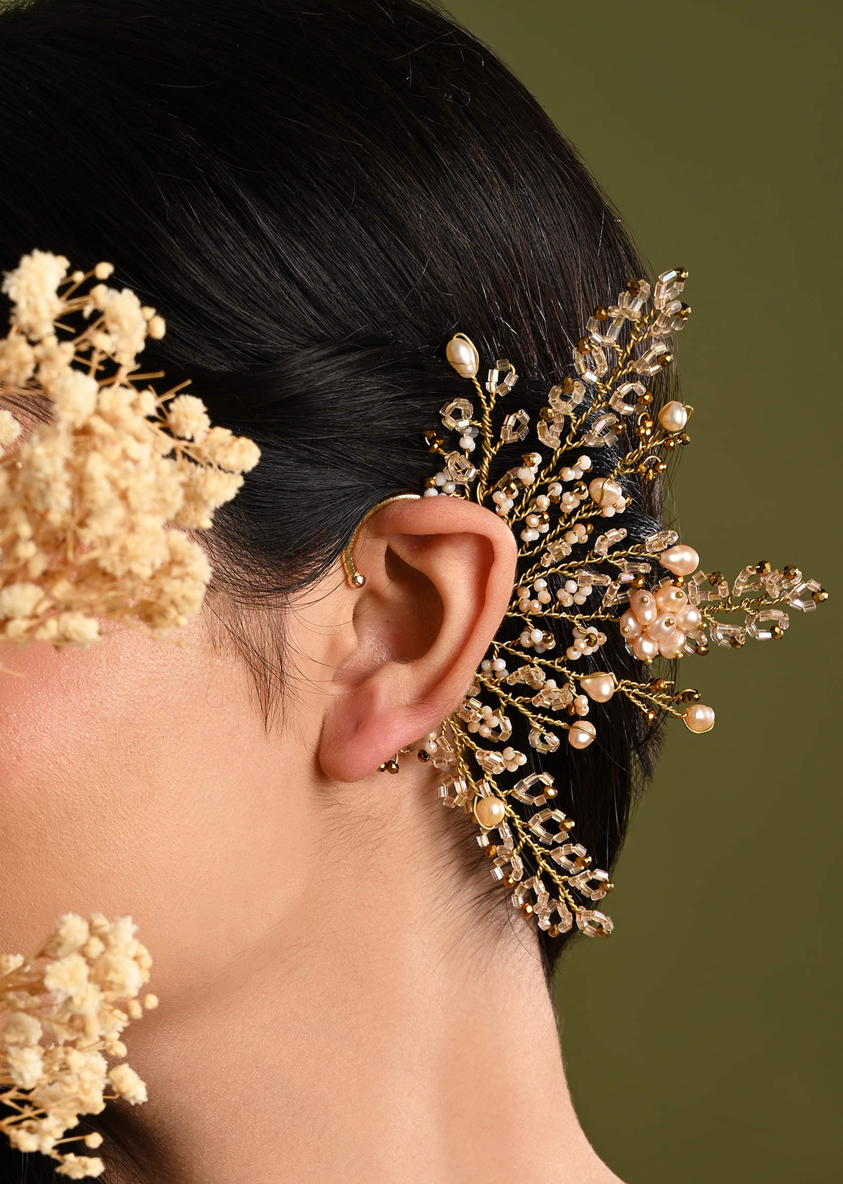 Peach Pearl Gold Plated Designer Ear Cuff For Haldi Mehendi Wedding