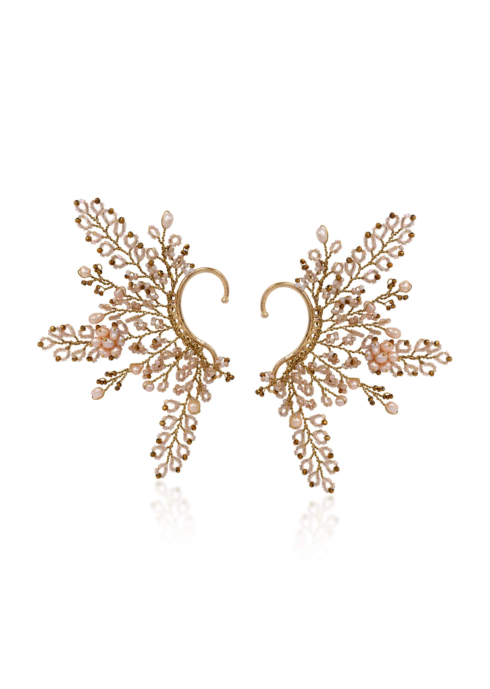 Peach Pearl Gold Plated Designer Ear Cuff For Haldi Mehendi Wedding - Image 2