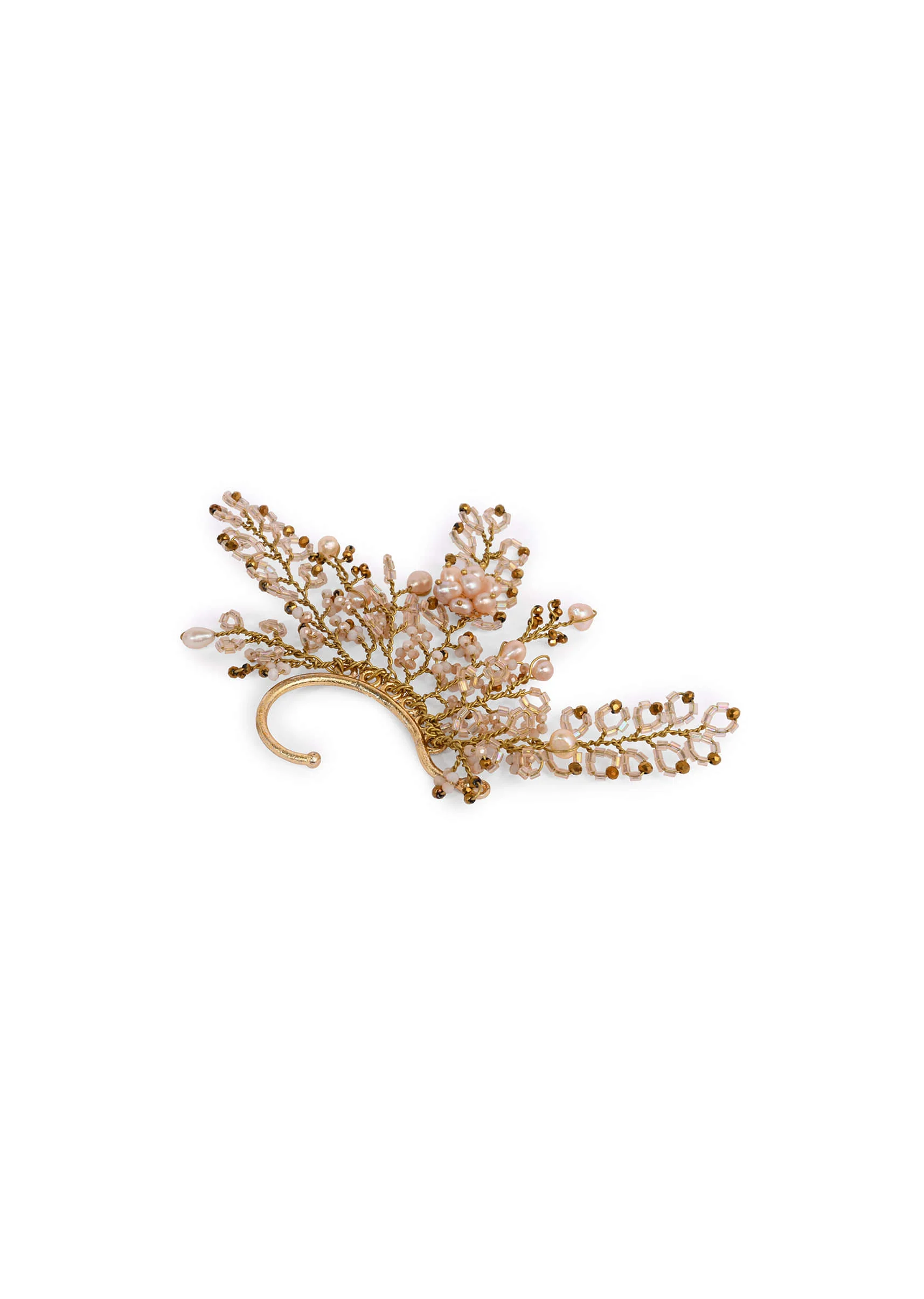 Peach Pearl Gold Plated Designer Ear Cuff For Haldi Mehendi Wedding - Image 4