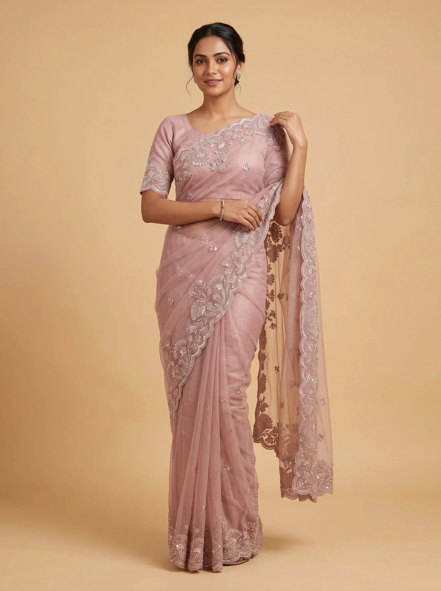 Peach Radiant Embellishment Embroidered Saree