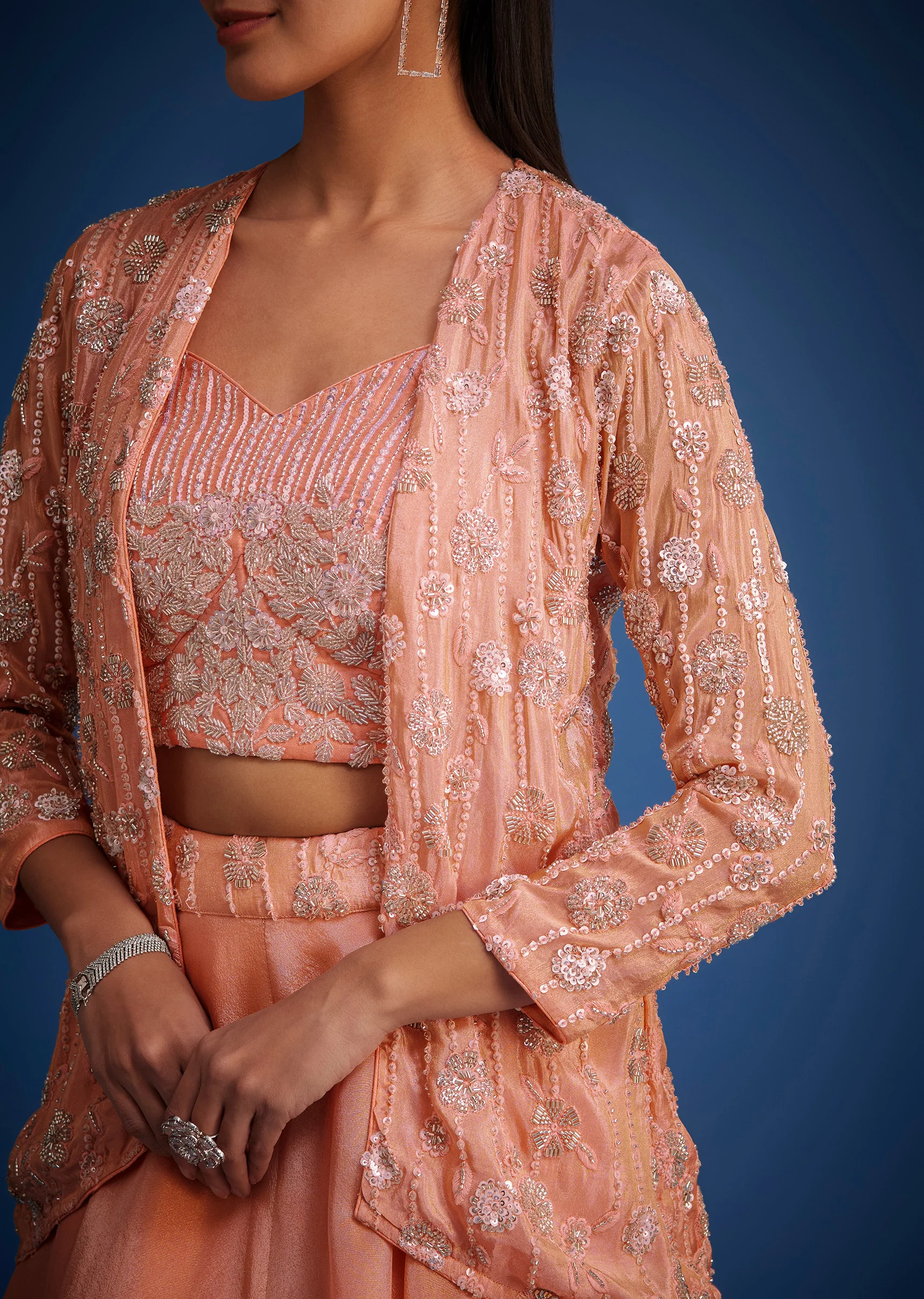 Peach Raw Silk Embroidered Jacket Lehenga Set - Image 2