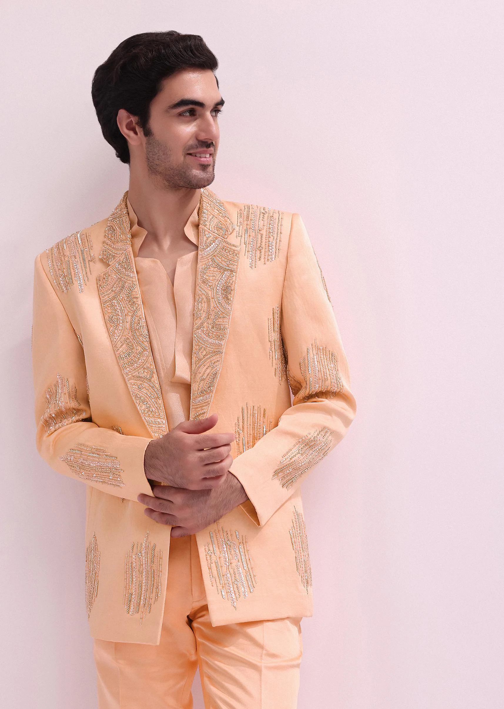 Peach Shawl Lapel Embellished Tuxedo With Shirt And Pants - Image 2