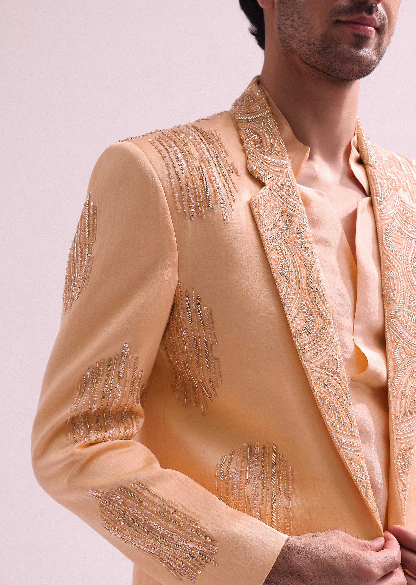 Peach Shawl Lapel Embellished Tuxedo With Shirt And Pants - Image 4