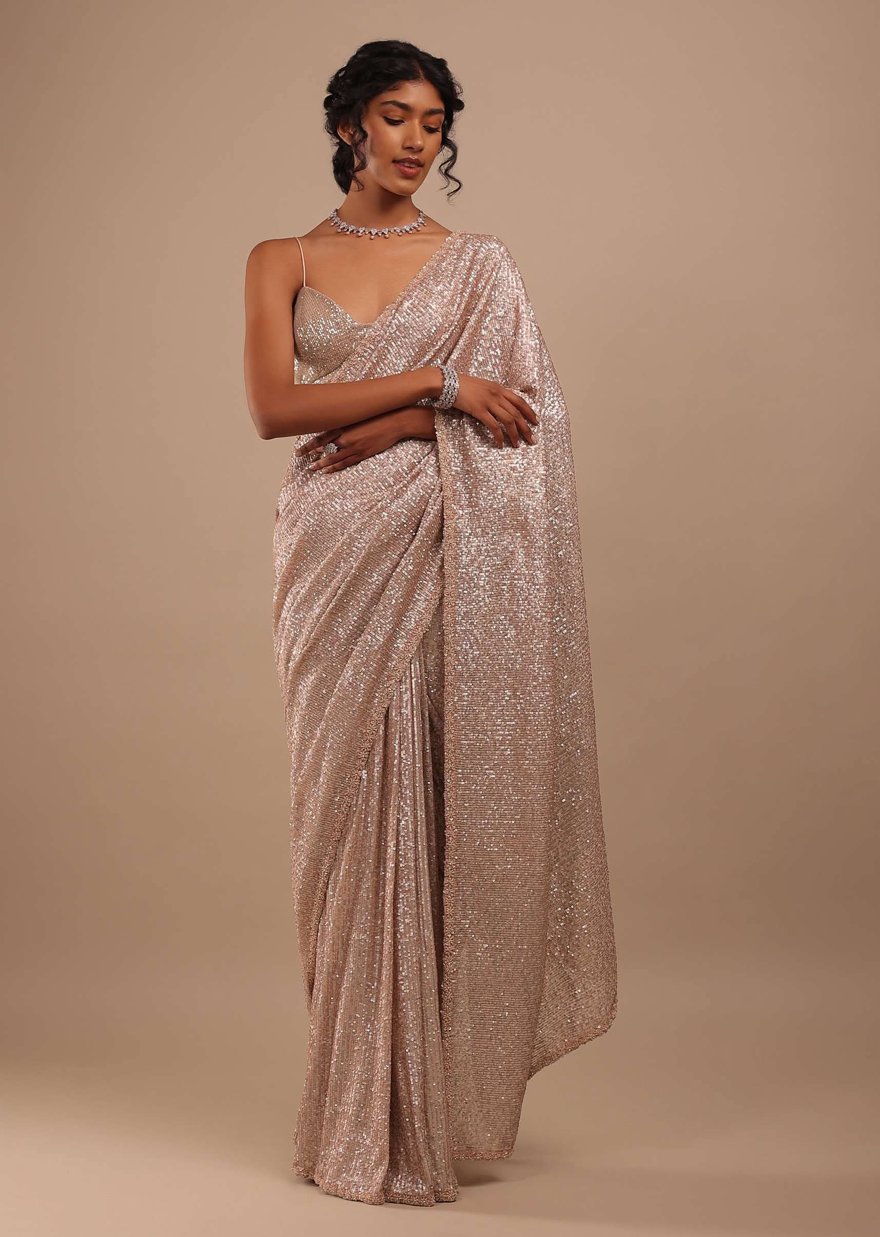 Peach Shimmer Saree In Gold Sequins Embroidery With Stones And Beads On The Border - Image 3