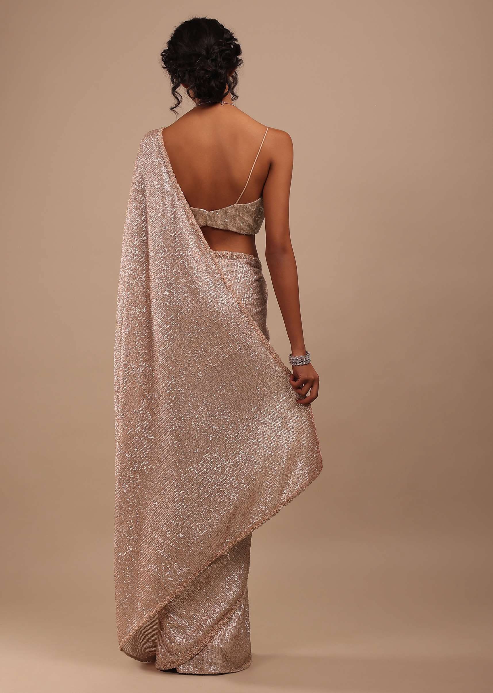 Peach Shimmer Saree In Gold Sequins Embroidery With Stones And Beads On The Border - Image 6
