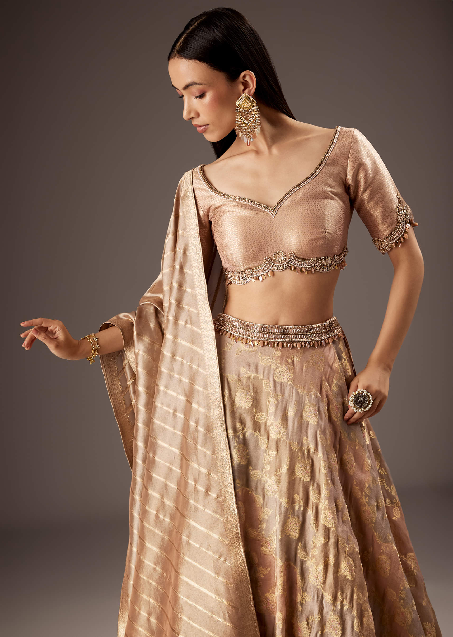 Peach Silk Bridesmaid Lehenga With Embroidered Tassel Blouse And Dupatta - Image 5