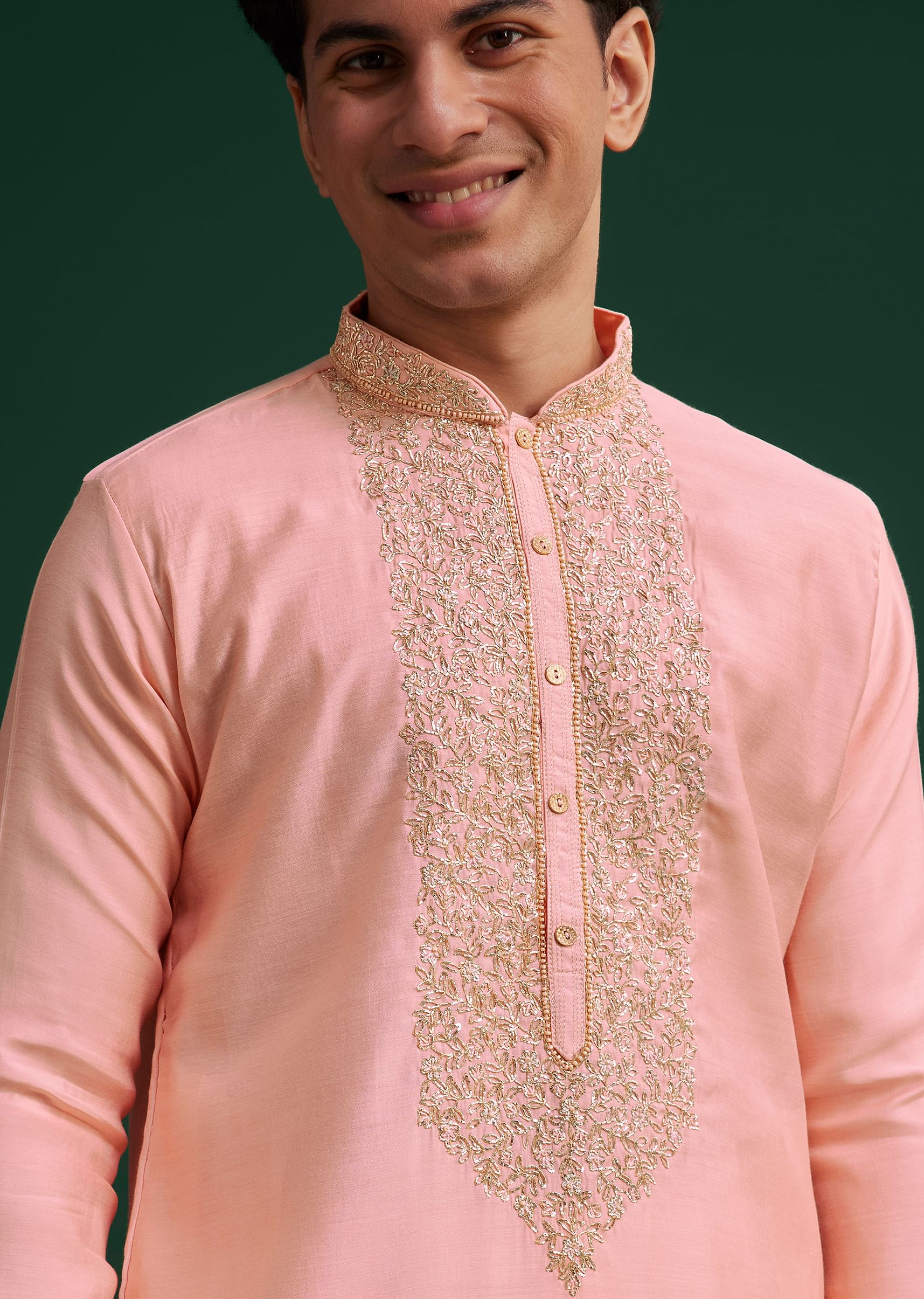 Peach Silk Hand Embroidered Yoke Kurta Set - Image 2