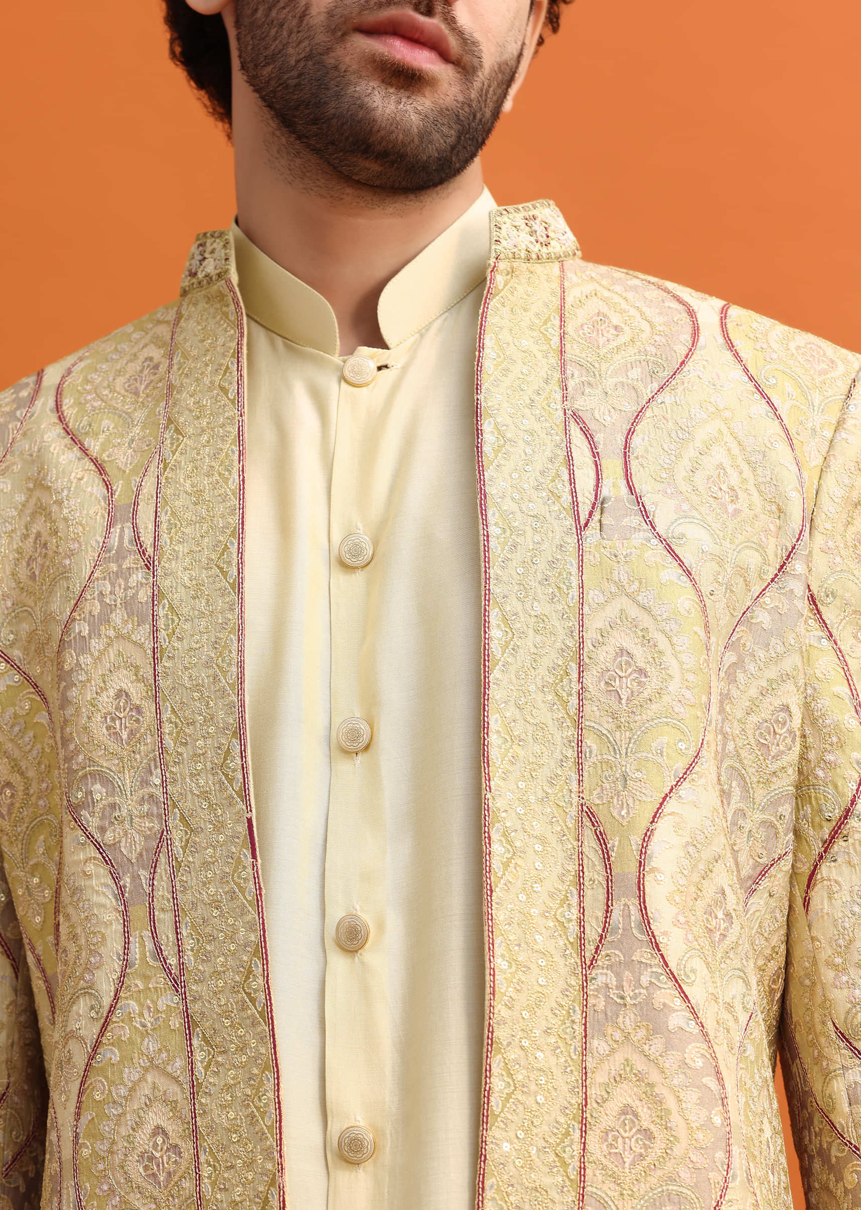 Peach Silk Indowestern Set With Hand Work For Men - Image 2