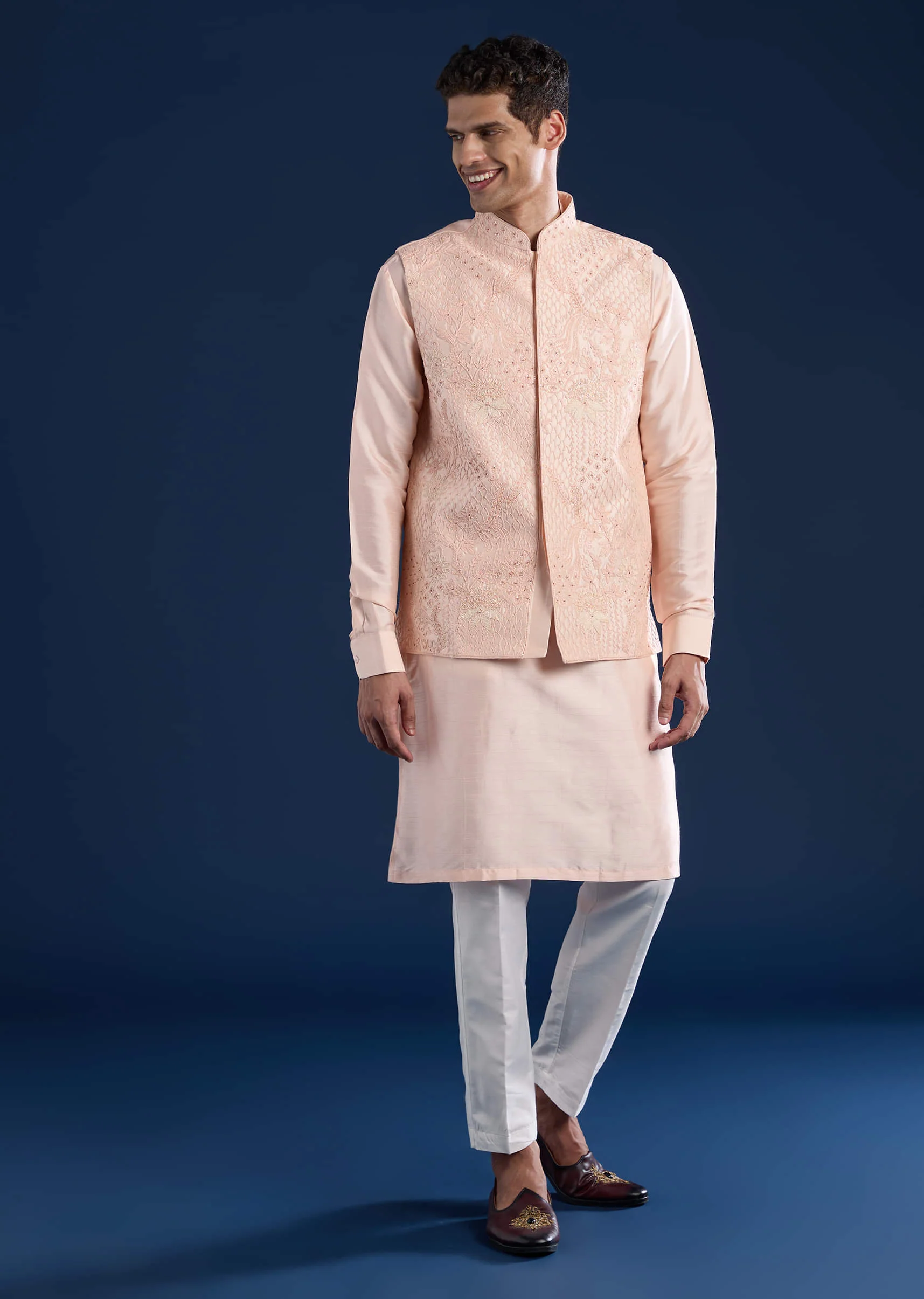 Peach Silk Jacket Kurta Set with Dori Work - Image 3