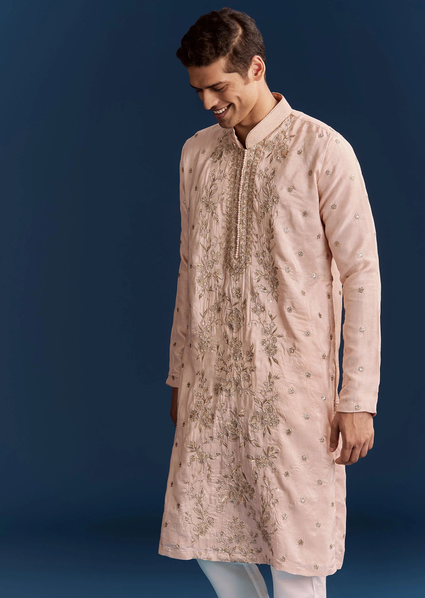 Peach Silk Kurta Set With All Over Hand Embroidery - Image 4