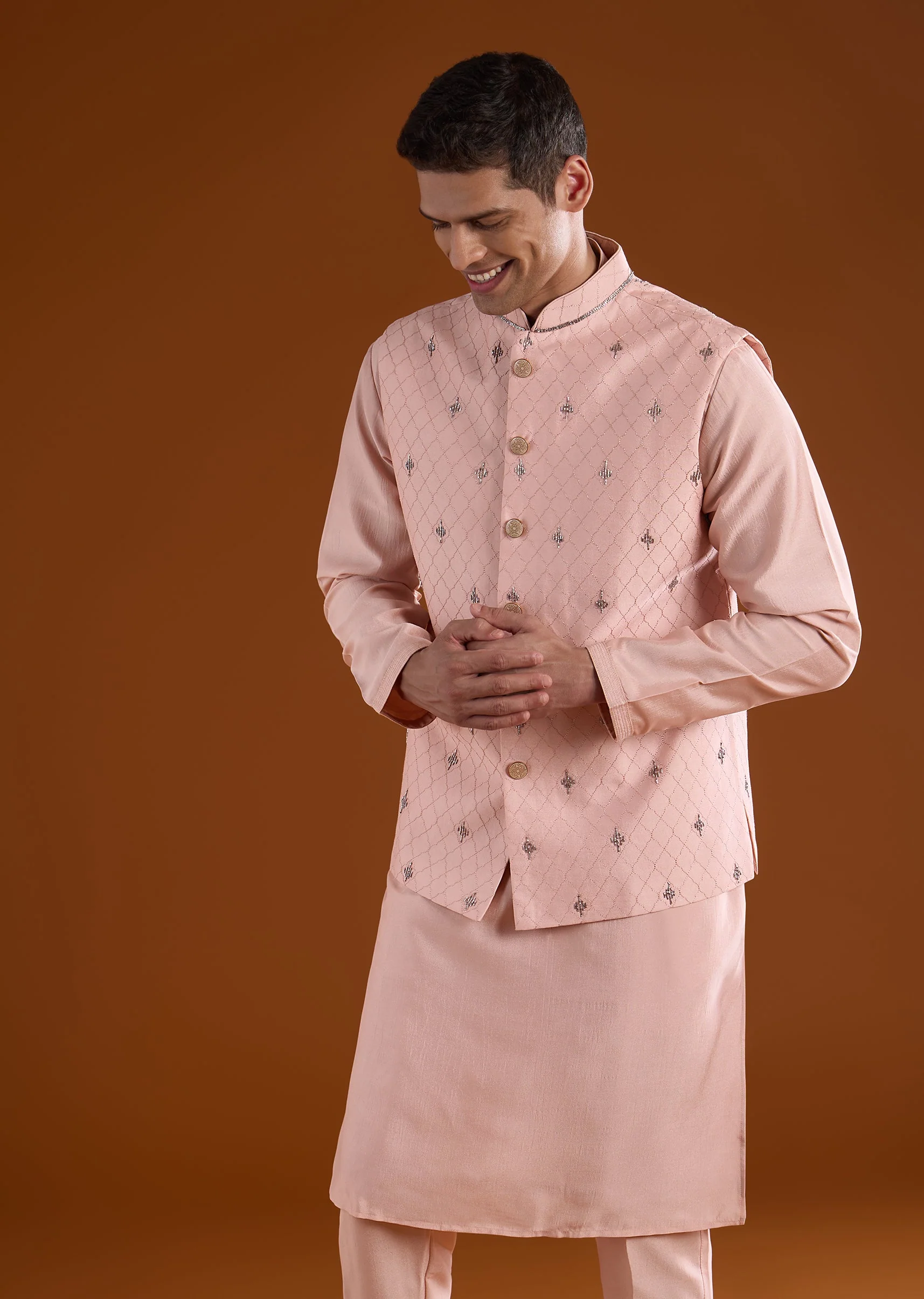 Peach Silk Mens Kurta Jacket Set With Thread Metal And Bead Work - Image 4
