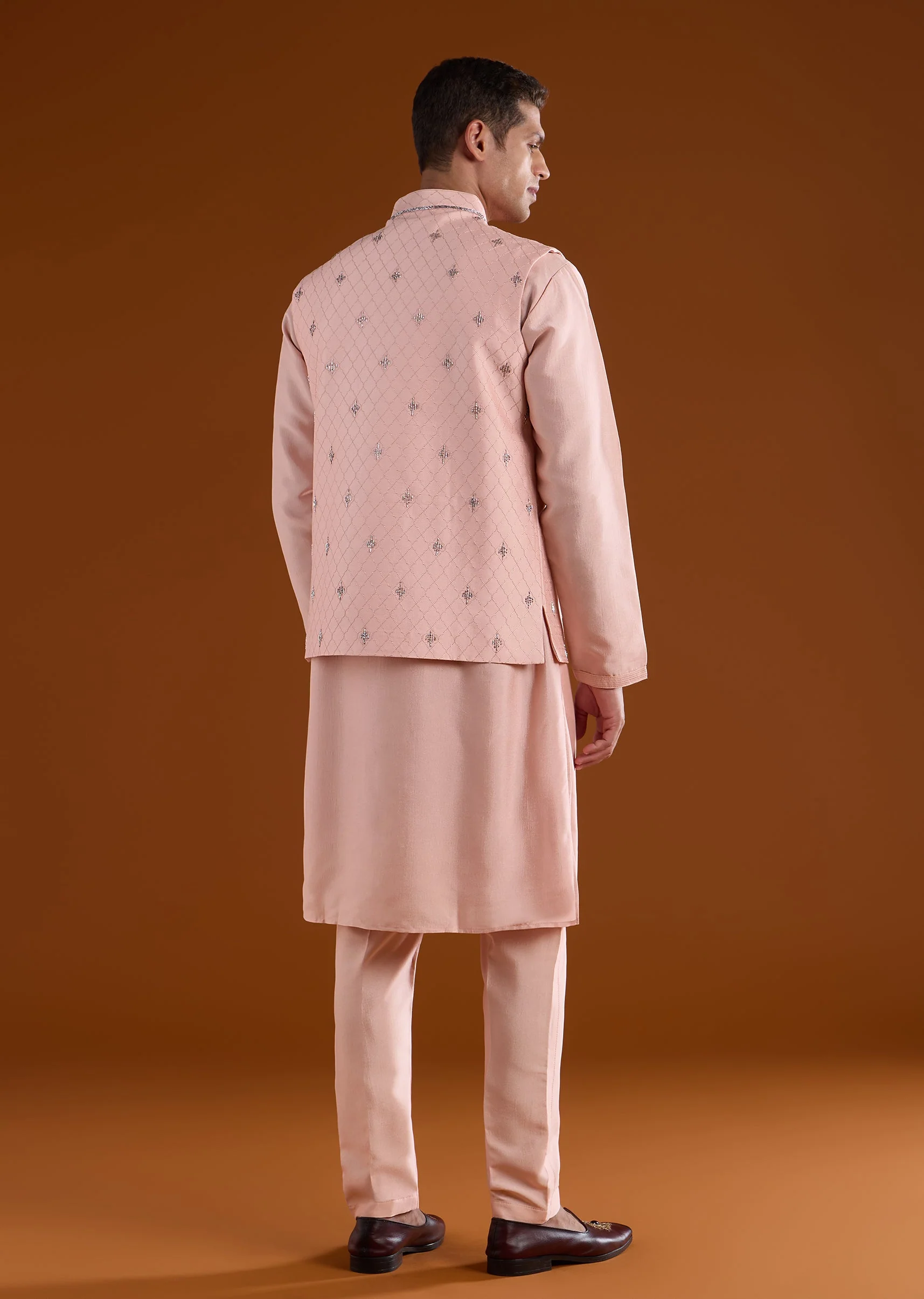 Peach Silk Mens Kurta Jacket Set With Thread Metal And Bead Work - Image 5