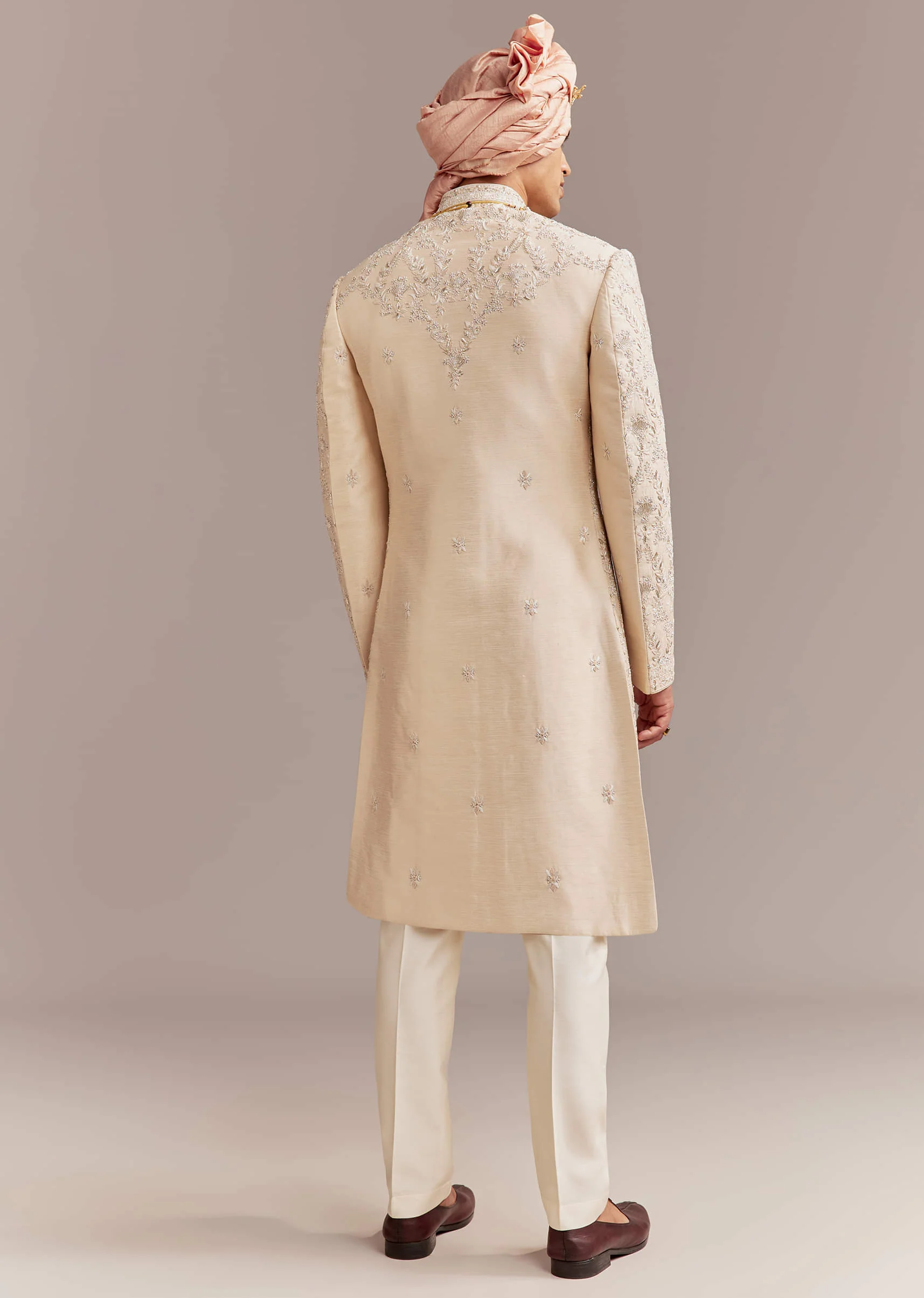 Peach Silk Sherwani For Groom With Floral And Paisley Motifs - Image 5