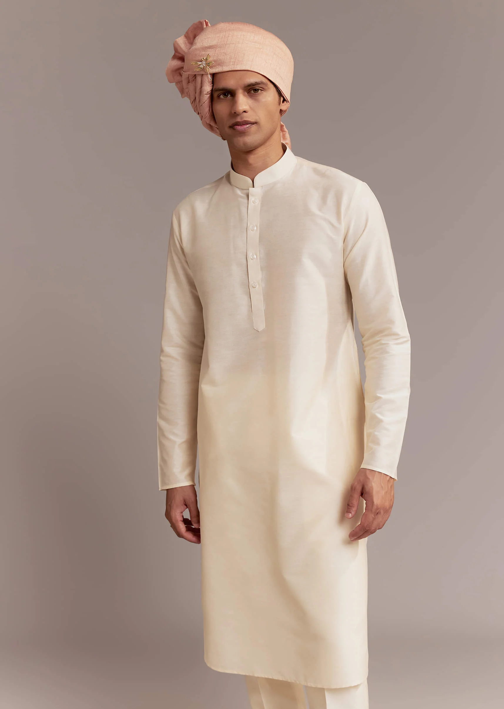 Peach Silk Sherwani For Groom With Floral And Paisley Motifs - Image 7