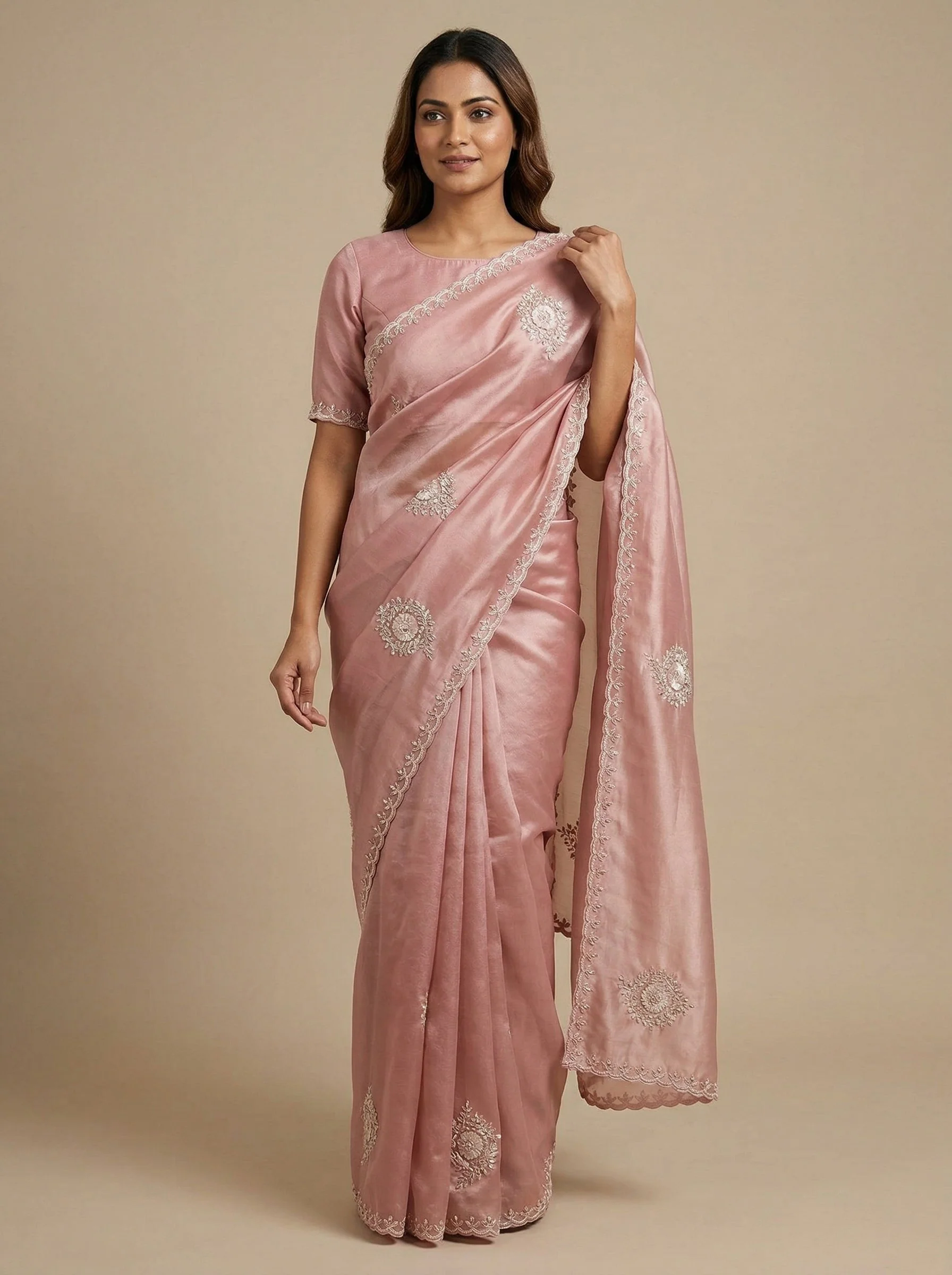 Peach Silky Embroidered Saree
