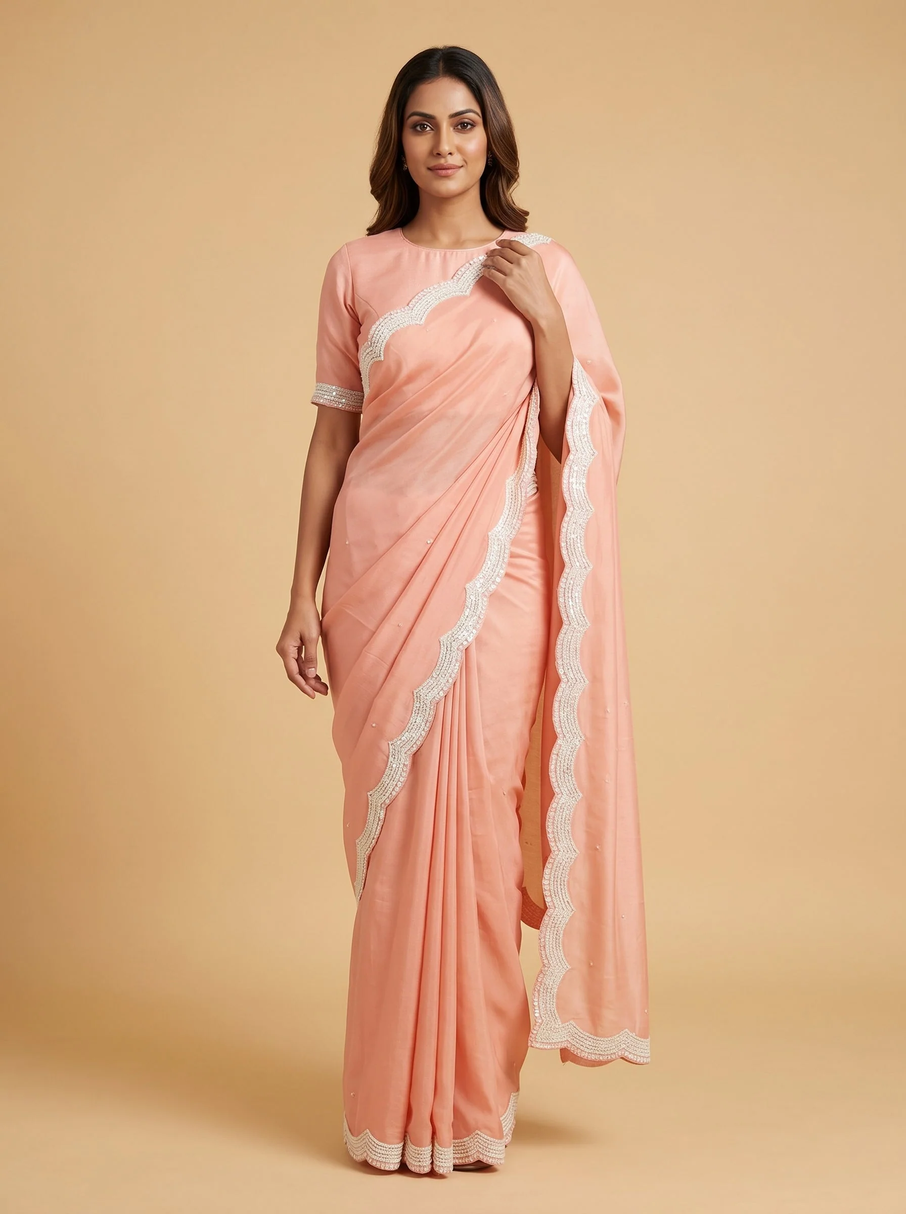Peach Soft Nectar Embroidered Saree