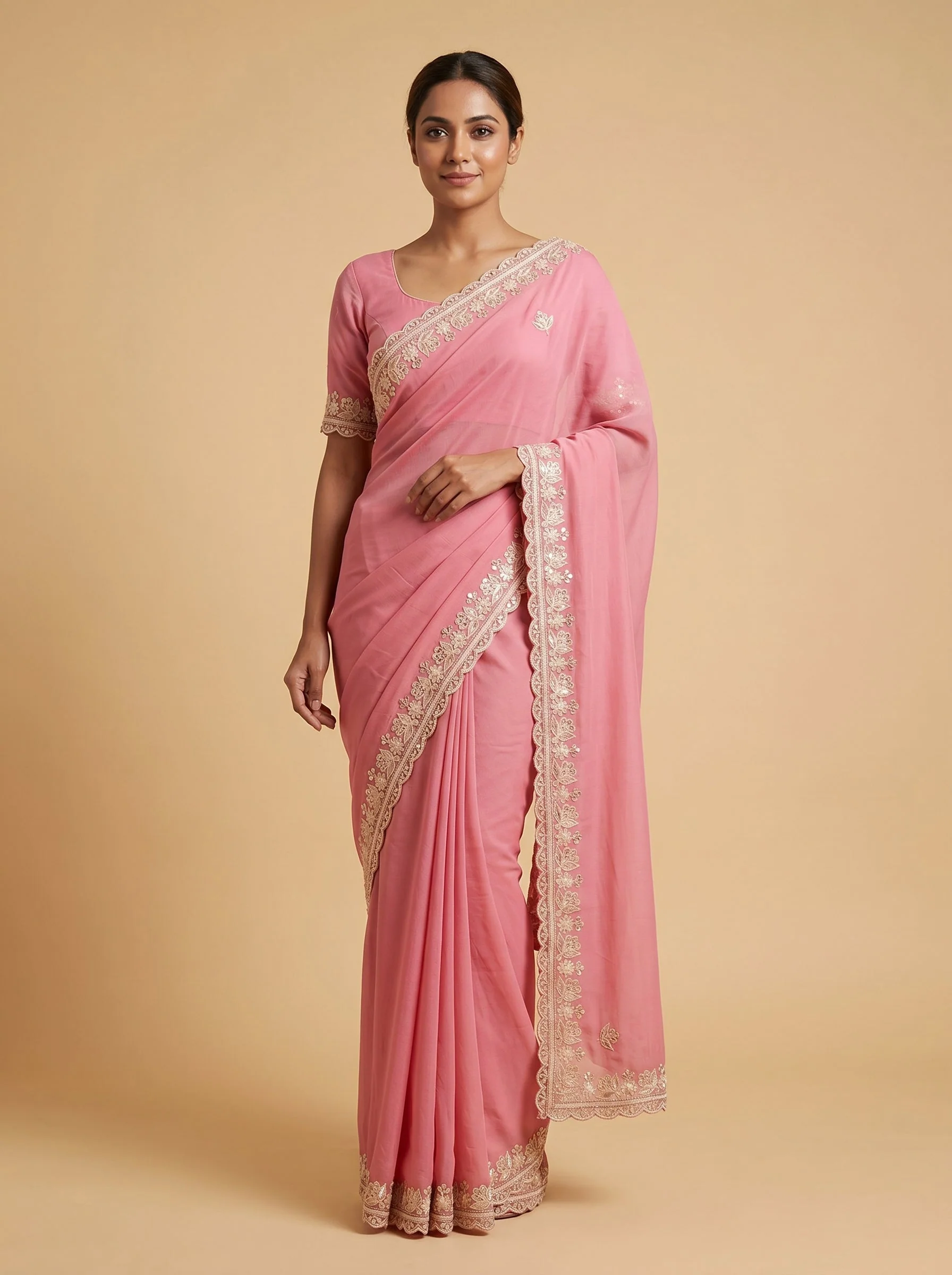 Peach Soft Sheen Embroidered Saree