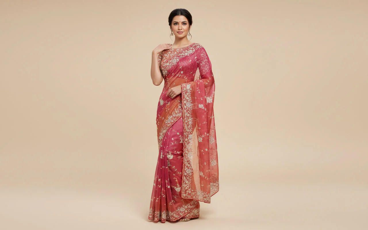 Peach Soft-Tone Embroidered Saree