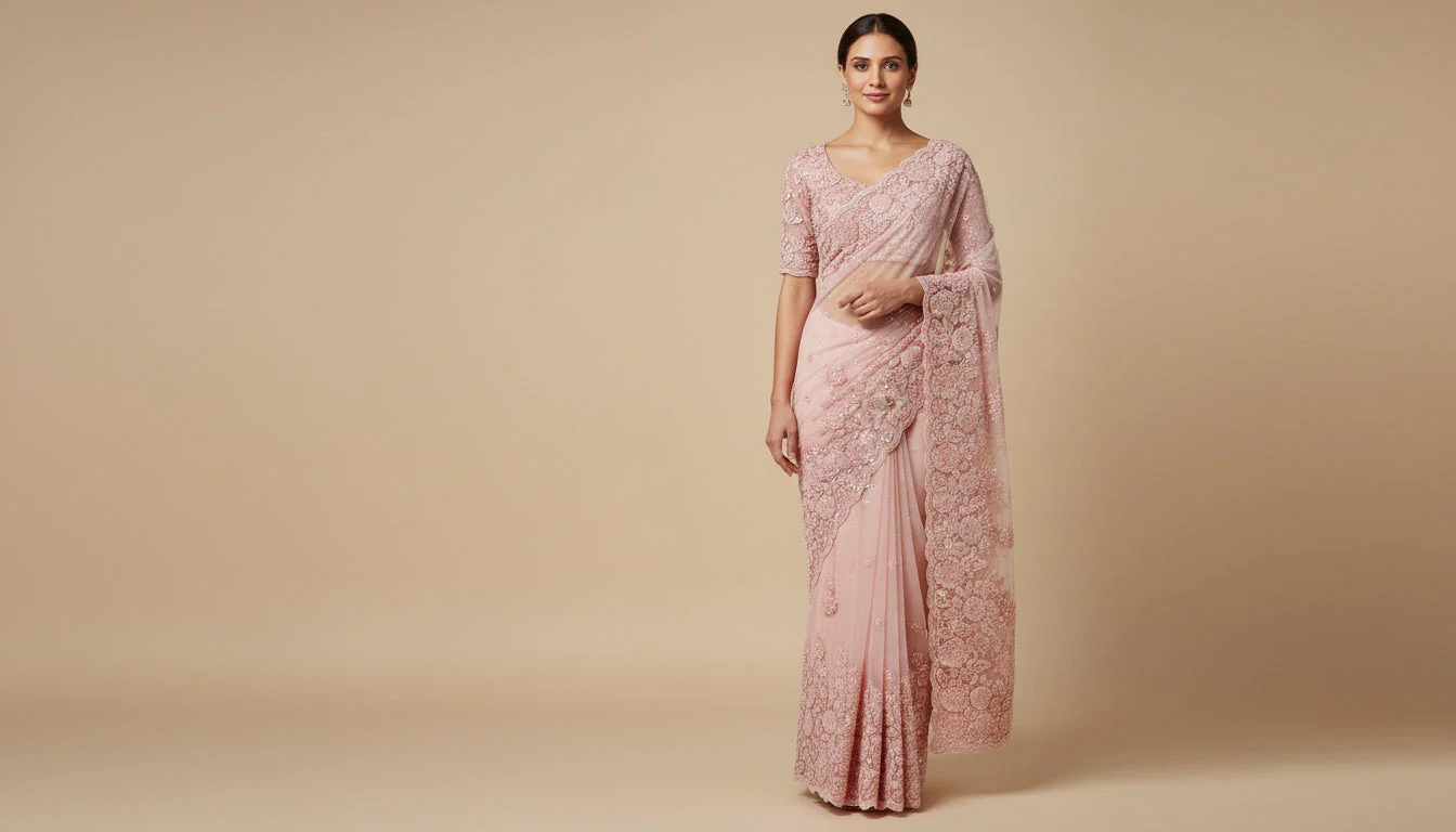 Peach Tailored Embroidered Saree