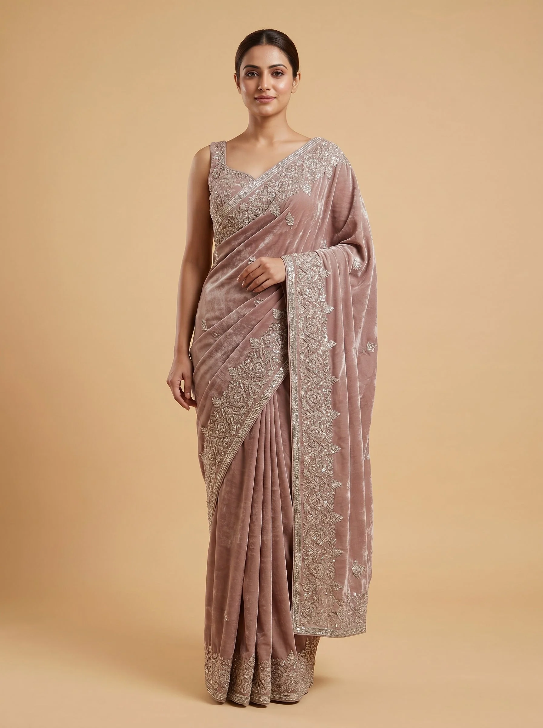 Peach Thread Embroidered Saree