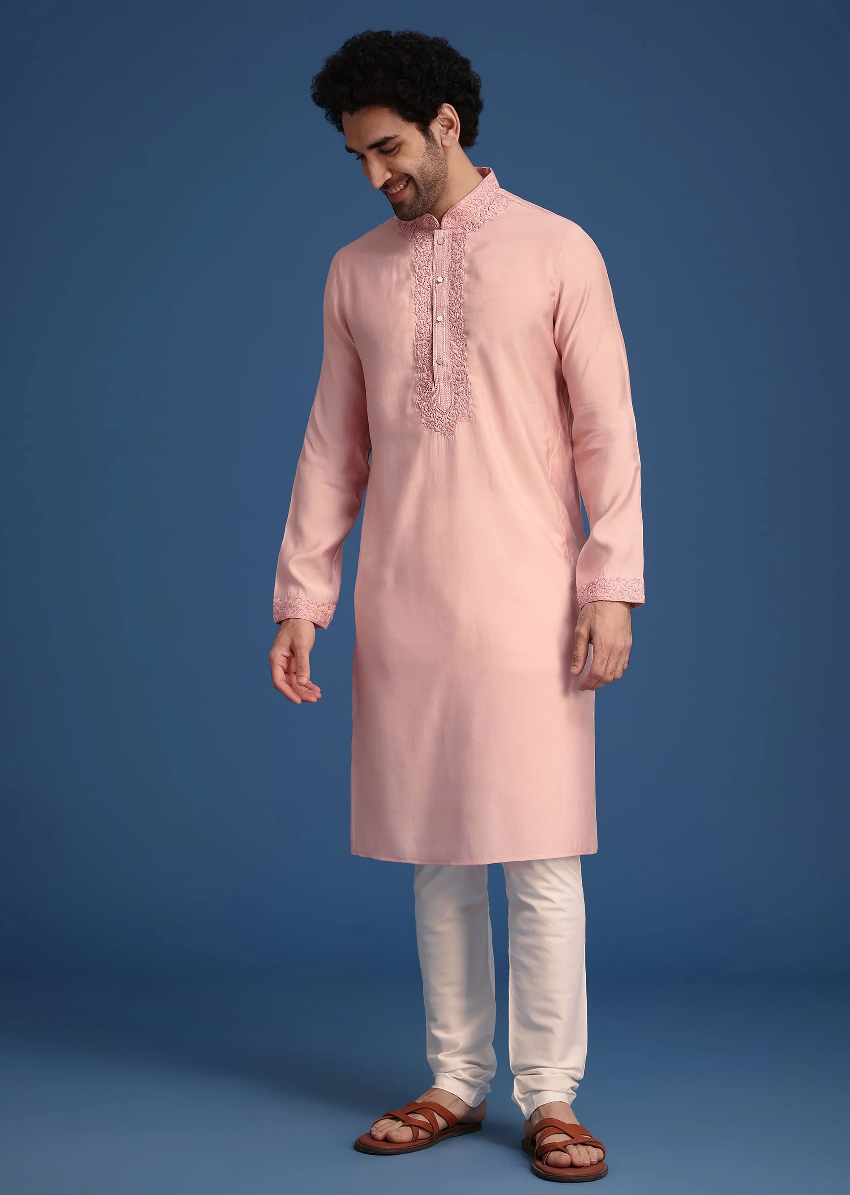 Peach Thread Hand Embroidered Kurta Set - Image 3