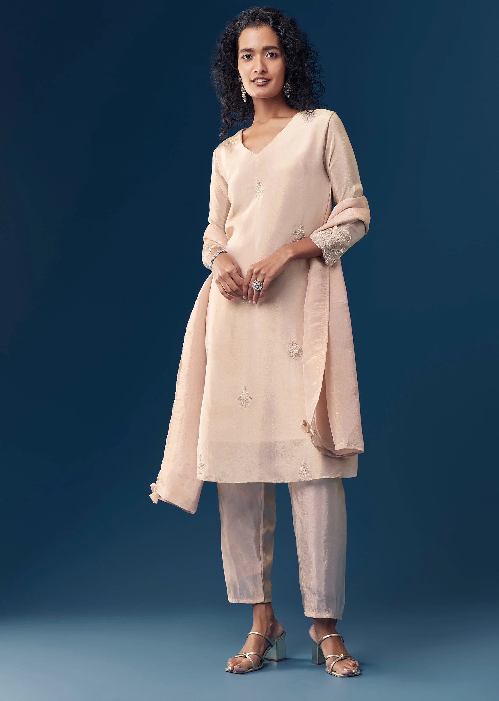 Peach Tissue Kurta Set With Sequin Embroidery