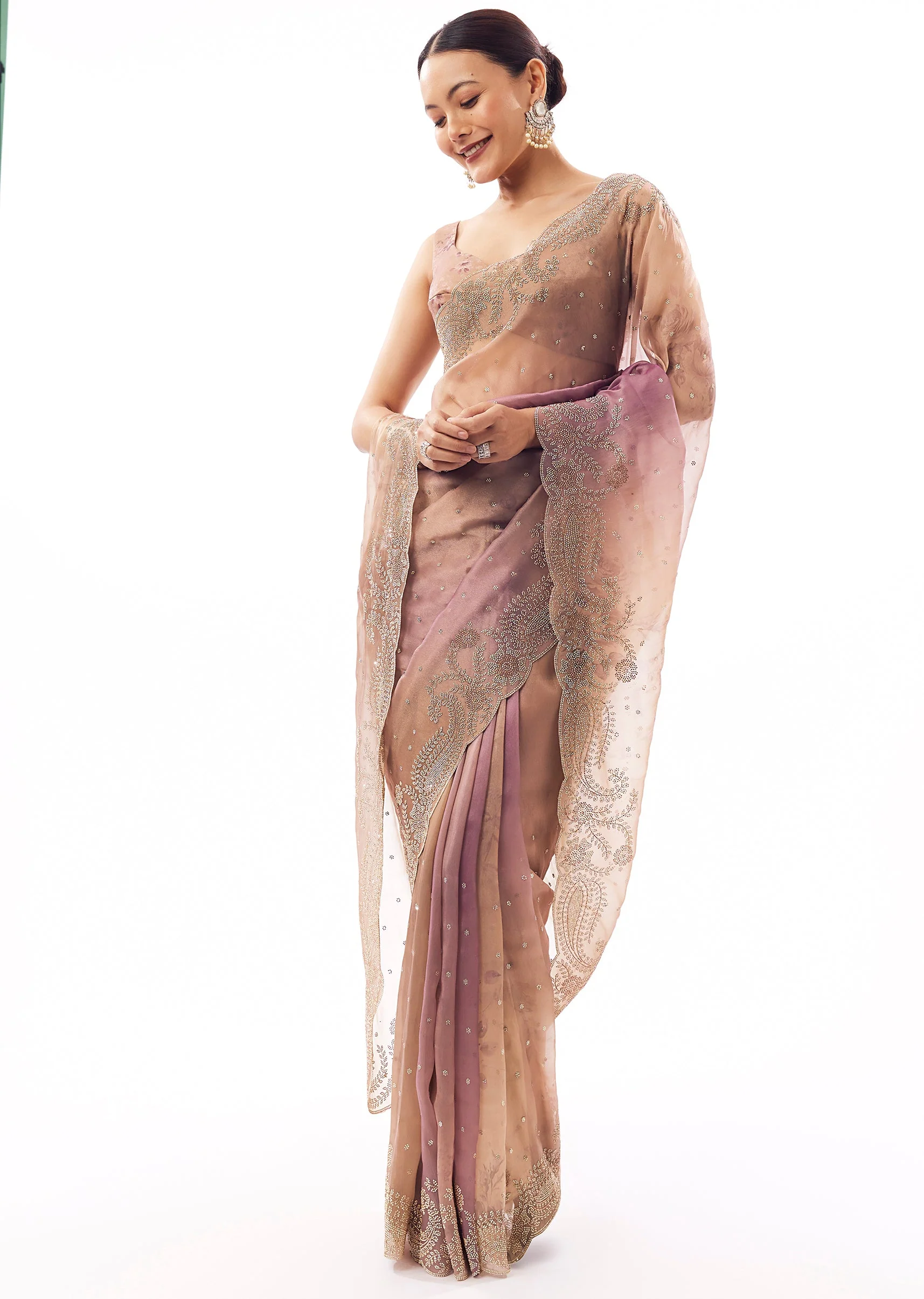 Peach Tissue Organza Stone Embellished Saree