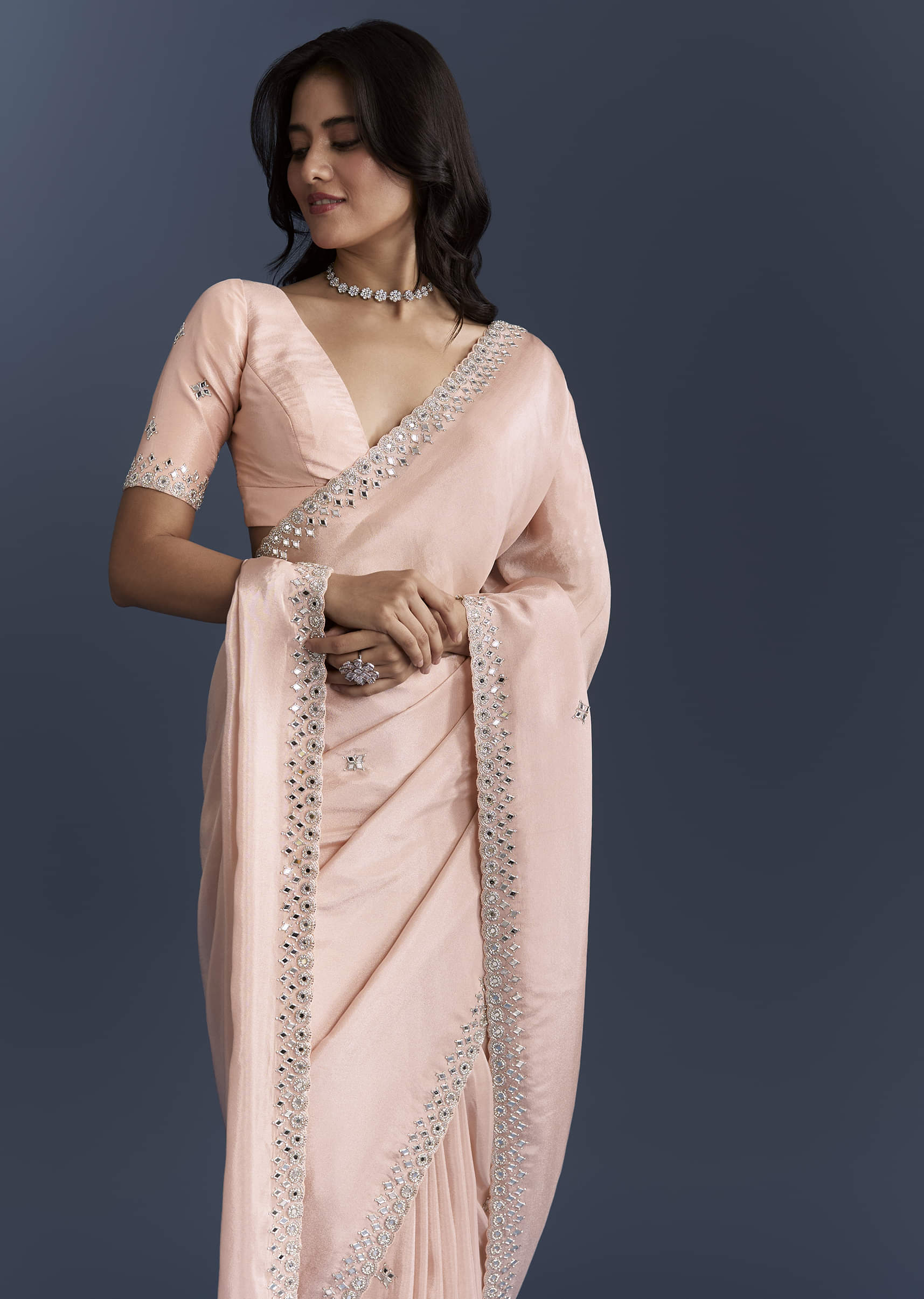 Peach Tissue Saree With Heavy Hand Embroidery - Image 5