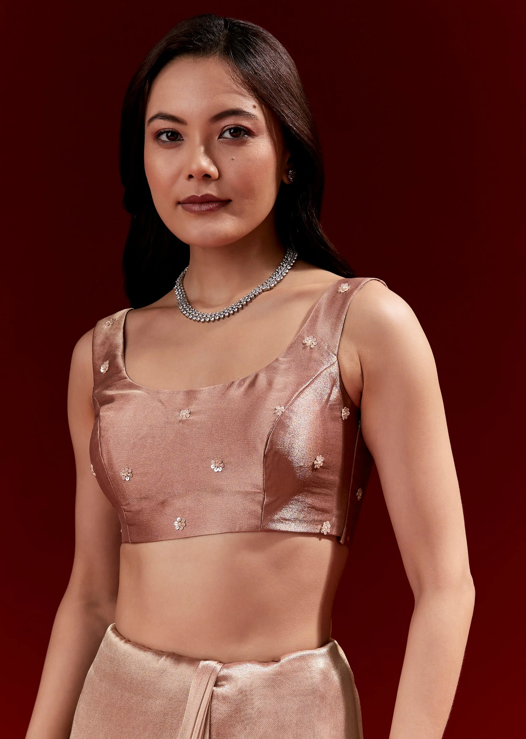 Peach Tissue Saree With Scalloped Embroidered Border And Buttis - Image 7