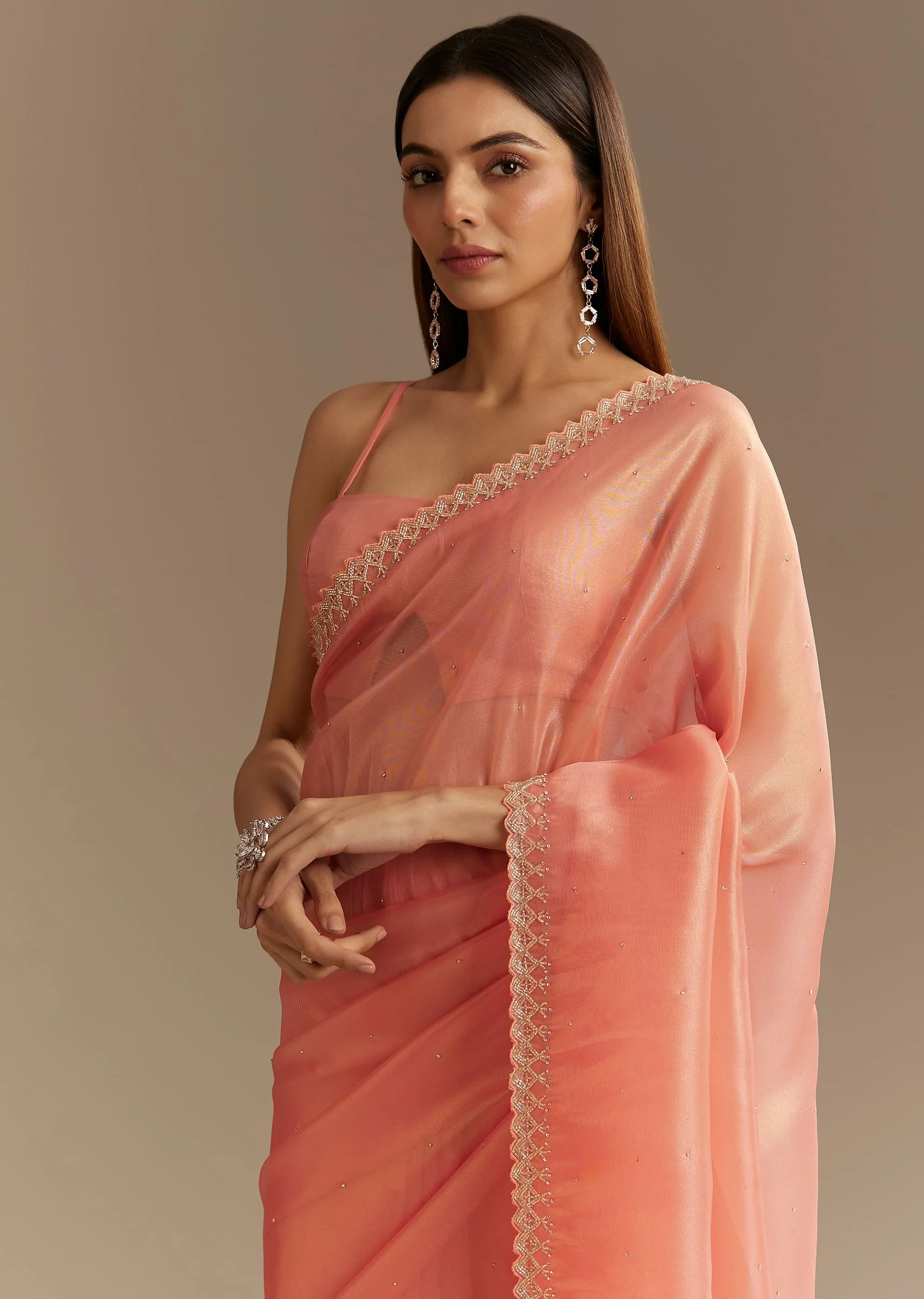 Peach Tissue Saree With Stones Cutdana Embellishments And Scallop Border - Image 3