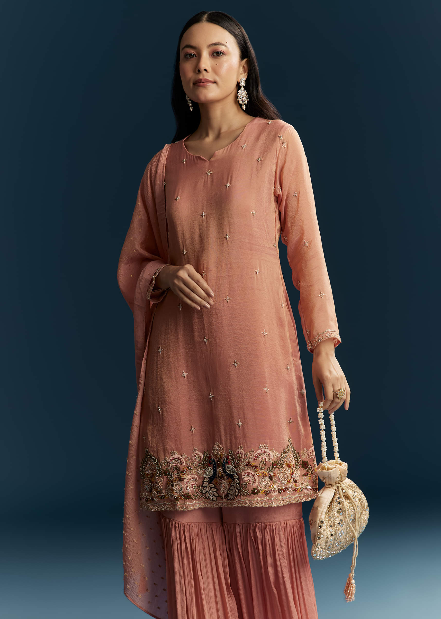Peach Tissue Sharara Suit With Zardosi And Thread Work - Image 3