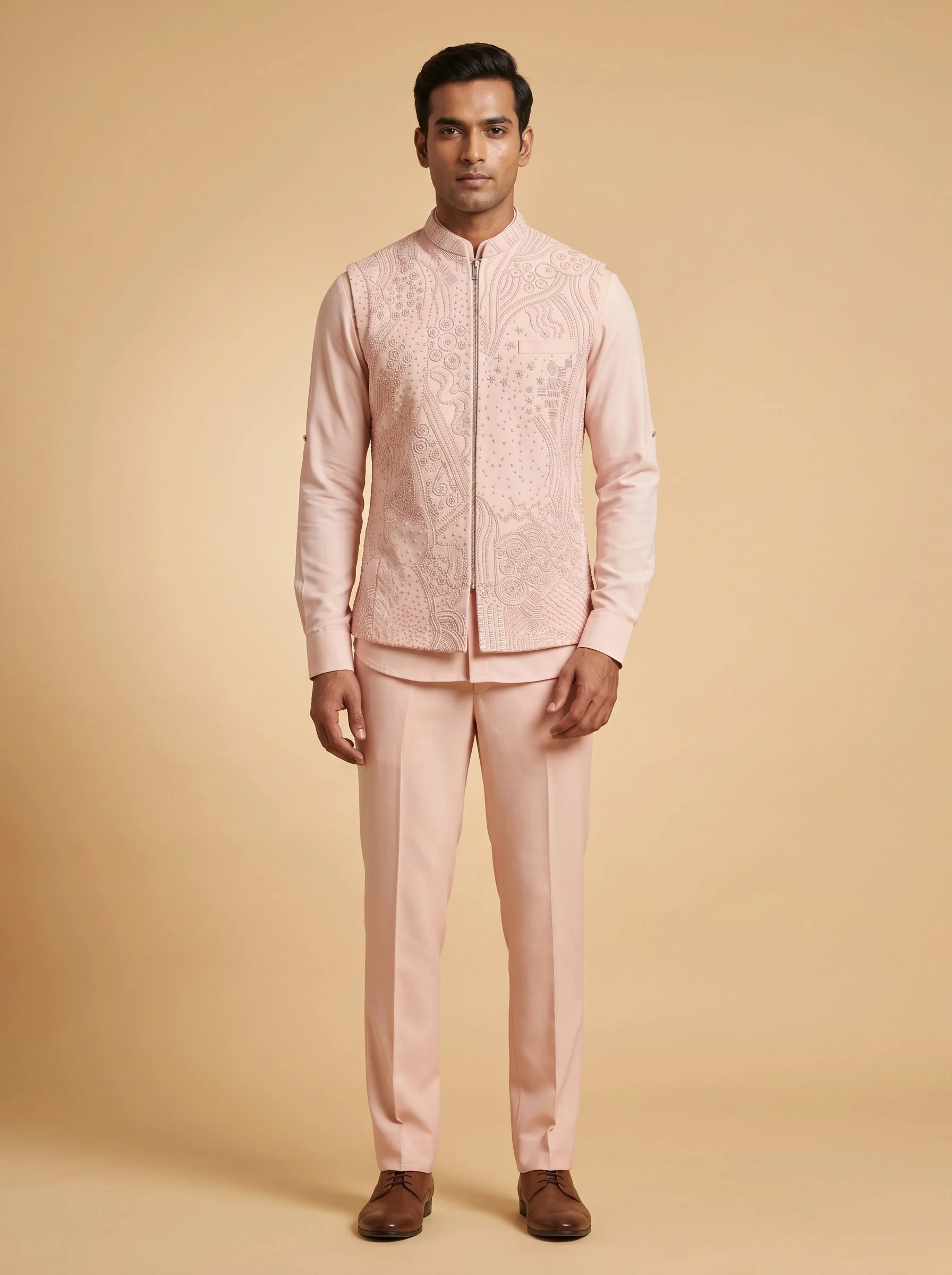 Peach Wedding Jacket Kurta Set