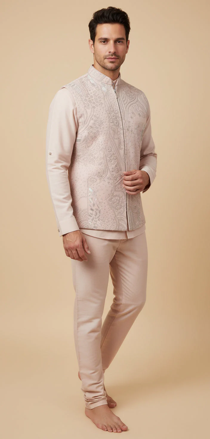 Peach Wedding Jacket Kurta Set - Image 2