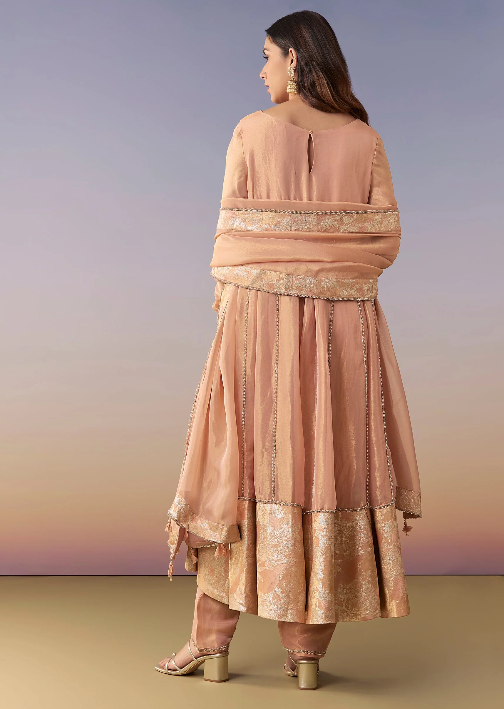 Peach Zardosi Tissue Anarkali Suit Set With Pant And Dupatta - Image 5