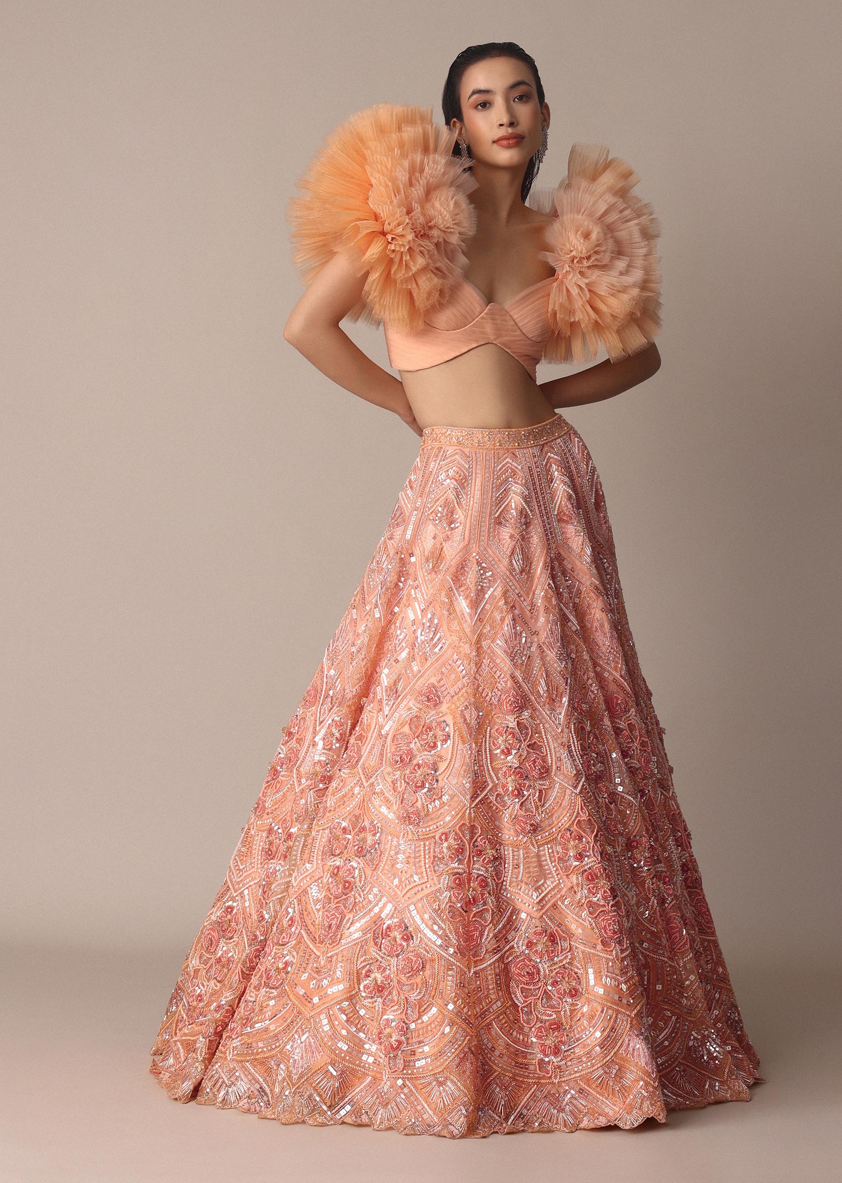 Peach Organza Embroidered Lehenga Set With Floral Ruffle Blouse - Image 2