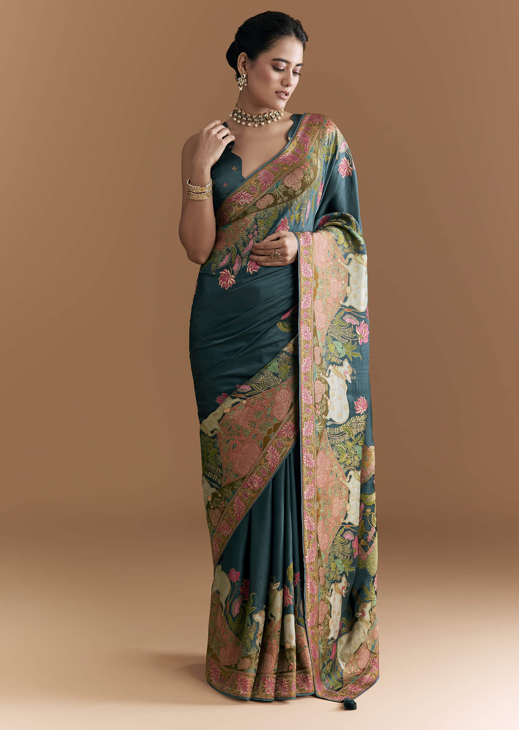 Peacock Blue Dola Silk Saree With Pichwai Weave And Embroidery - Image 3