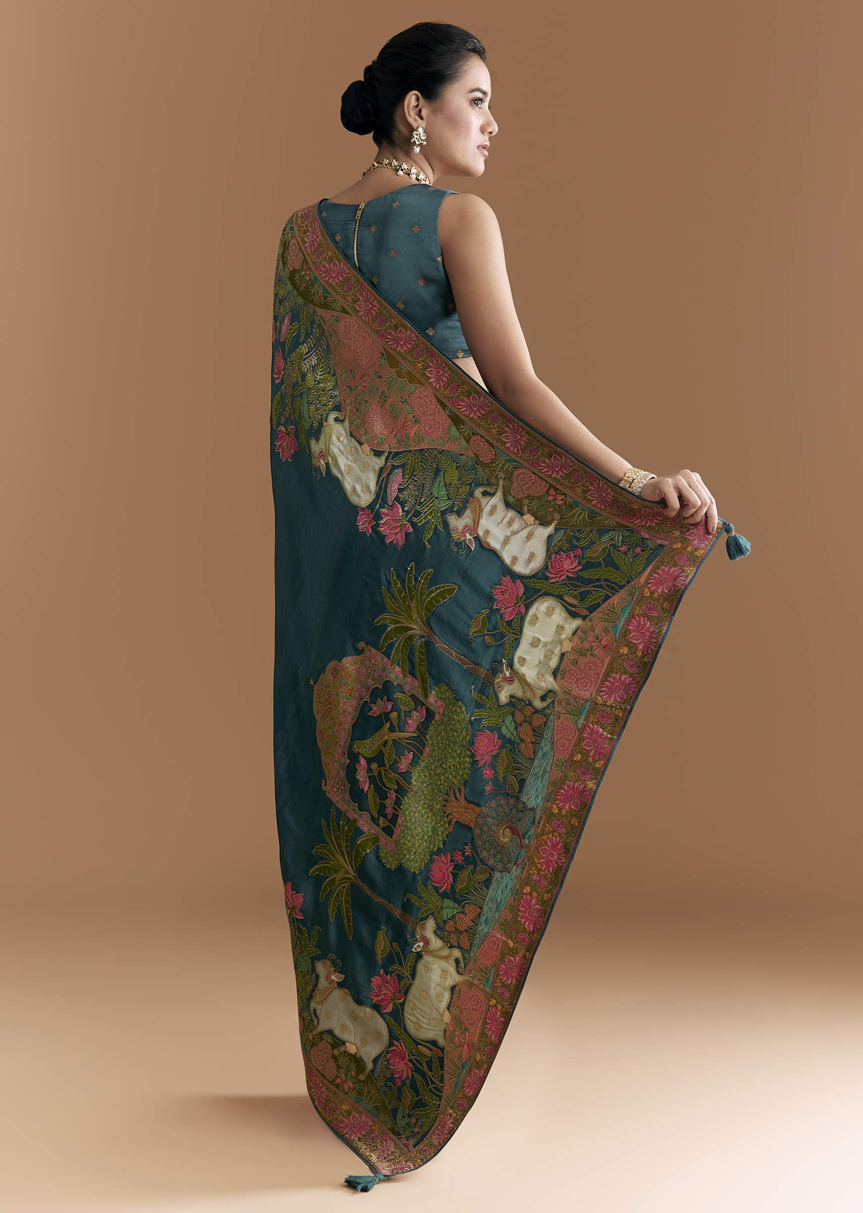 Peacock Blue Dola Silk Saree With Pichwai Weave And Embroidery - Image 4