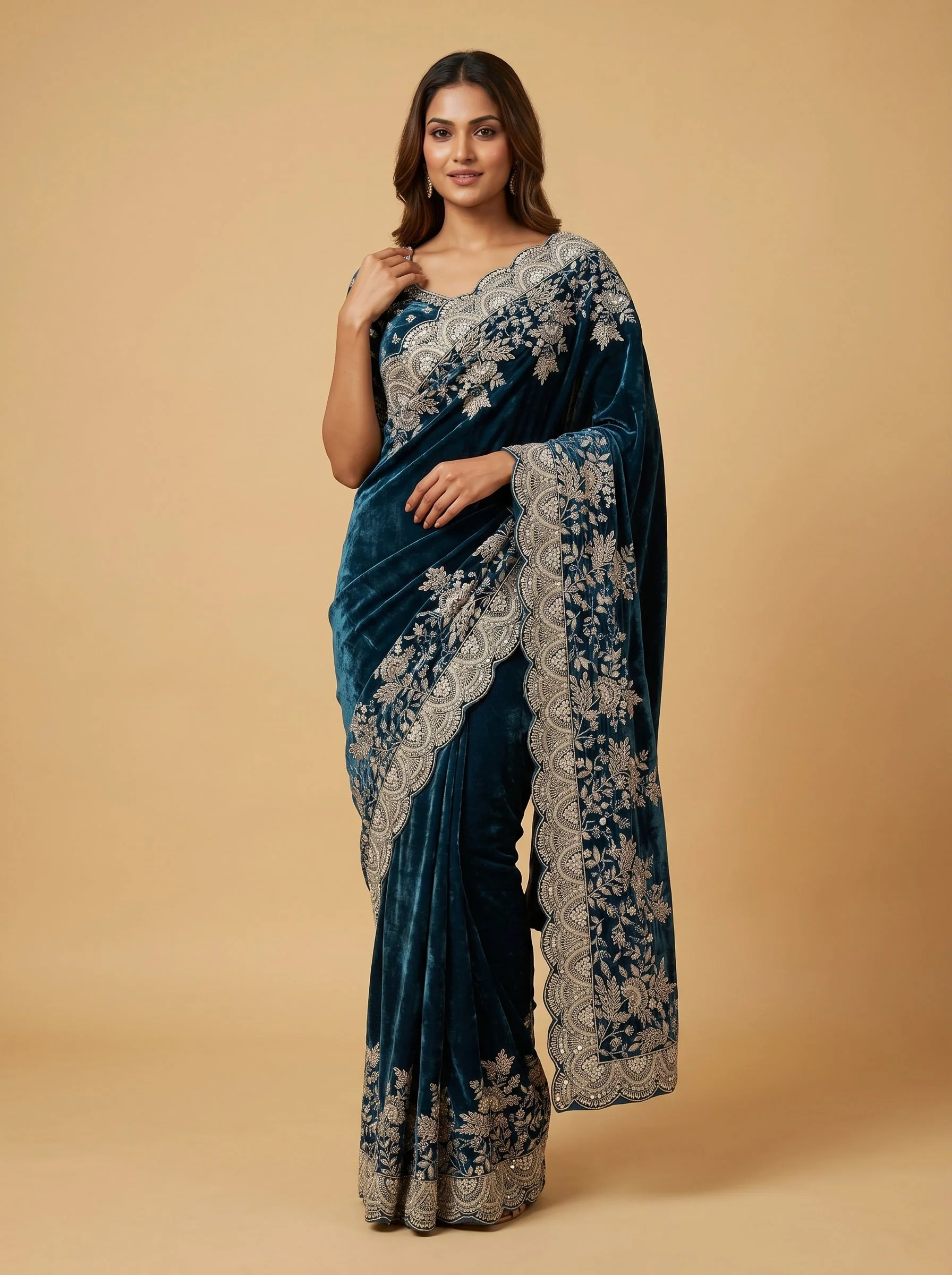 Peacock Blue Jewel Tone Embroidered Saree