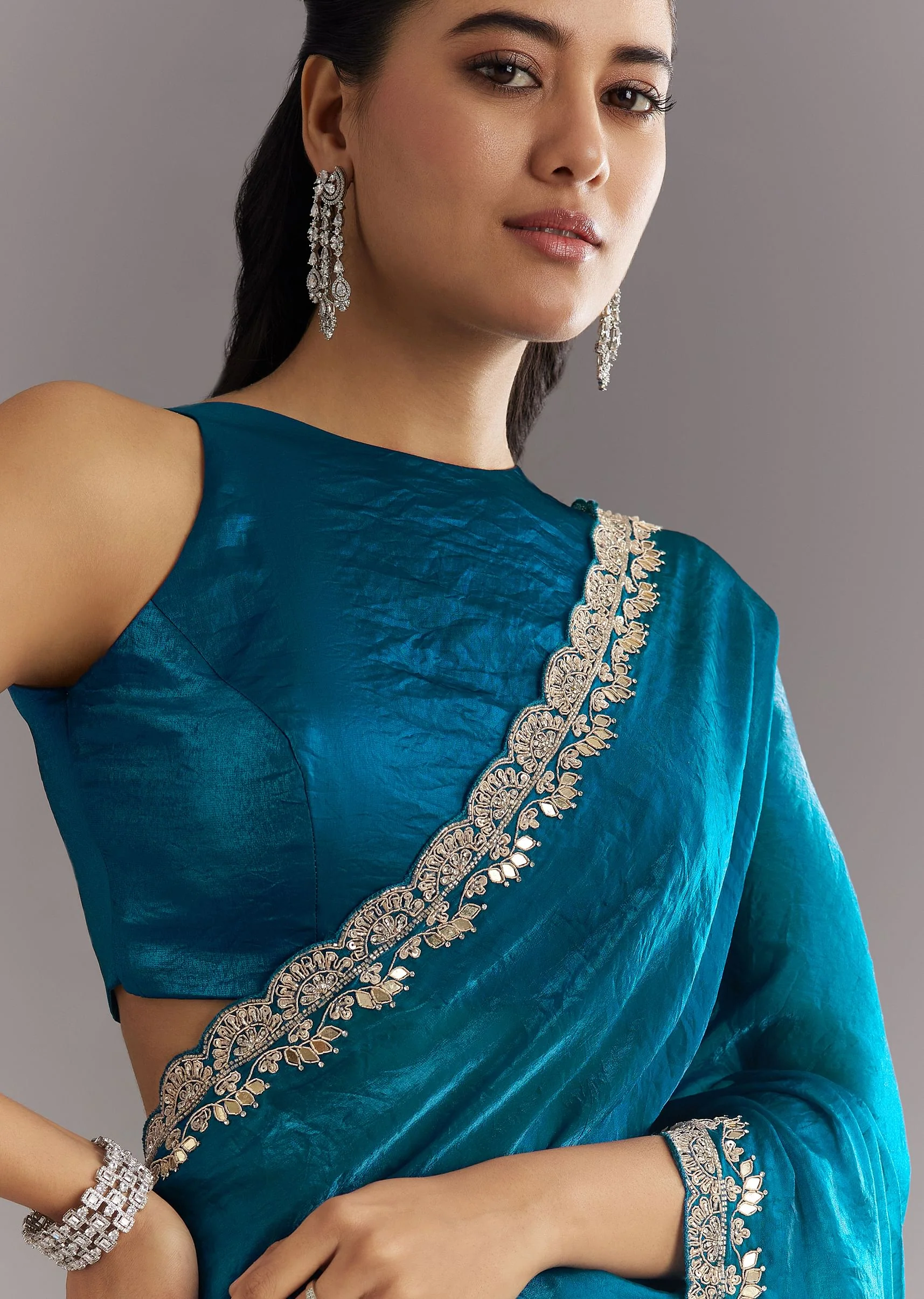 Peacock Blue Satin Saree With Gota Patti Embroidery And Scallop Border - Image 2