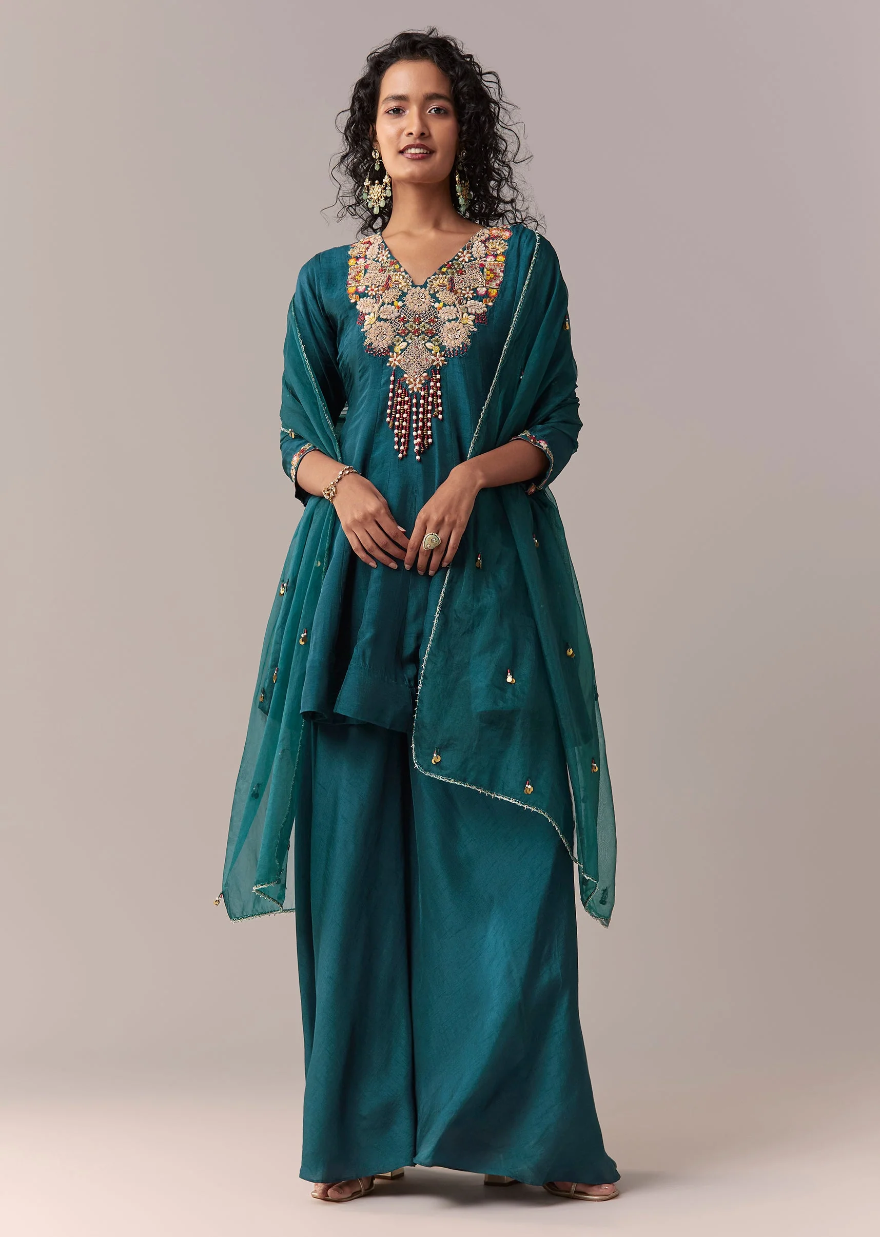 Peacock Blue Zardosi & Thread Palazzo Set With Dupatta - Image 3
