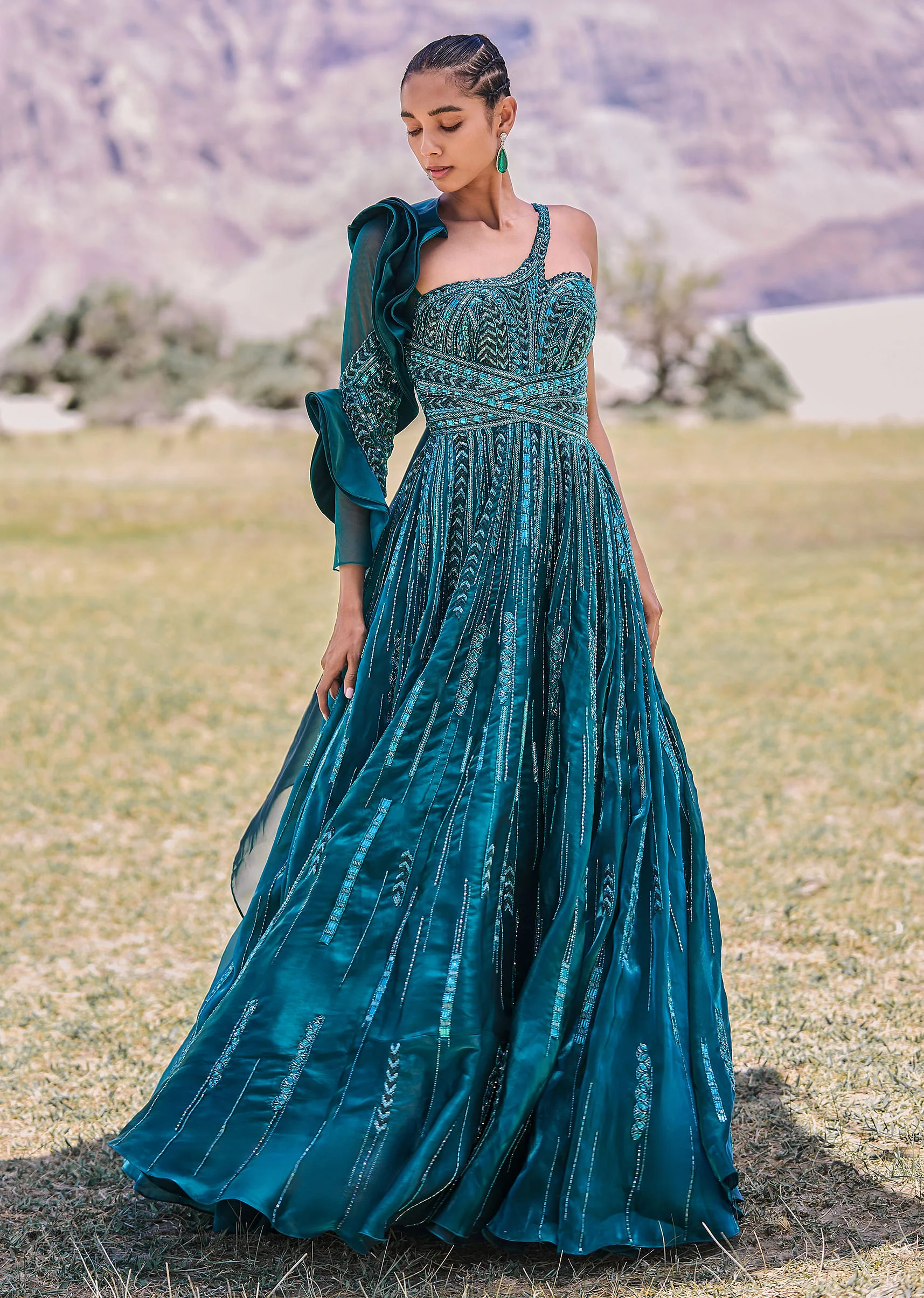 Peacock Green Embroidered Circular Frill Gown With Long Trail - Image 3