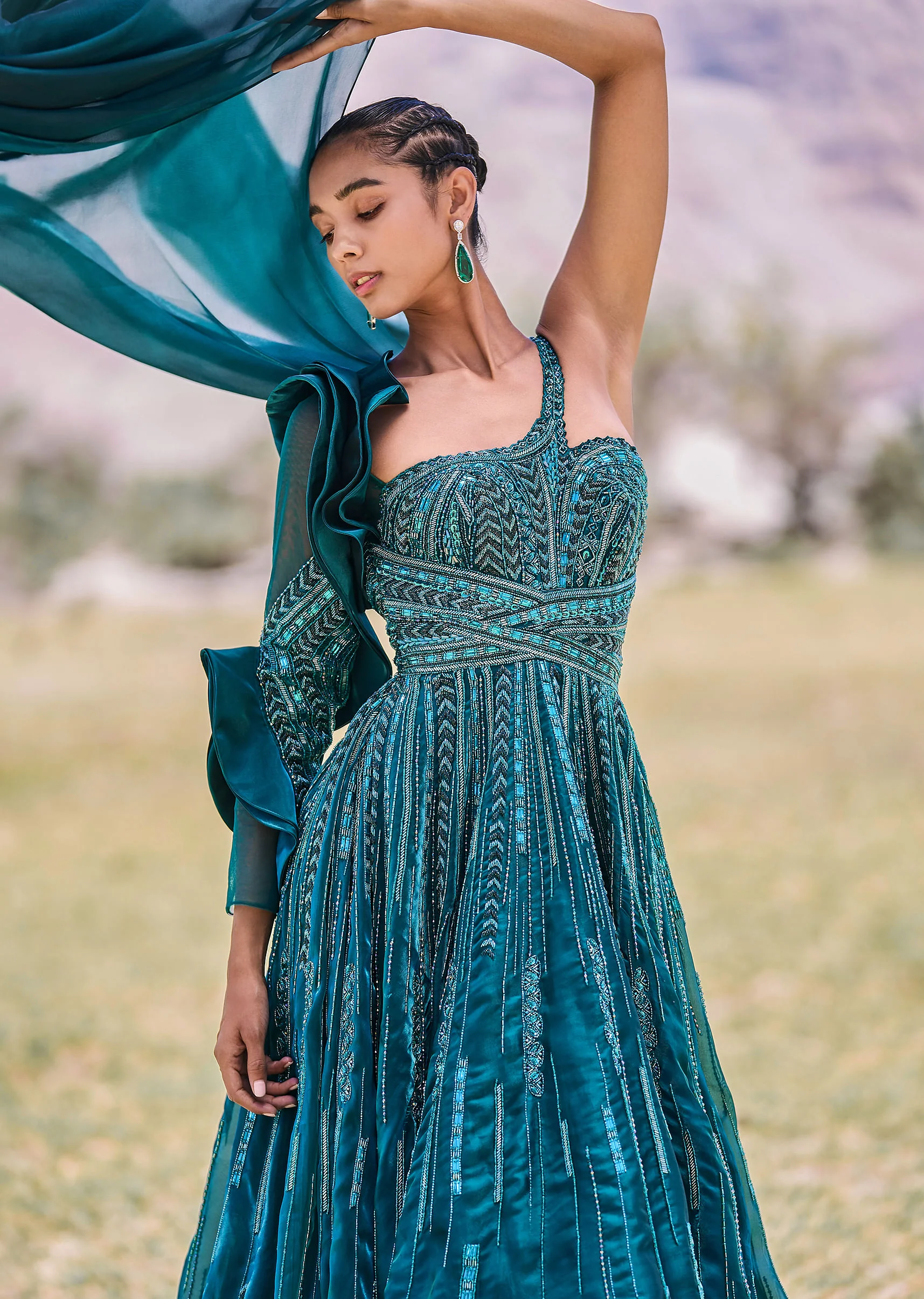 Peacock Green Embroidered Circular Frill Gown With Long Trail - Image 4