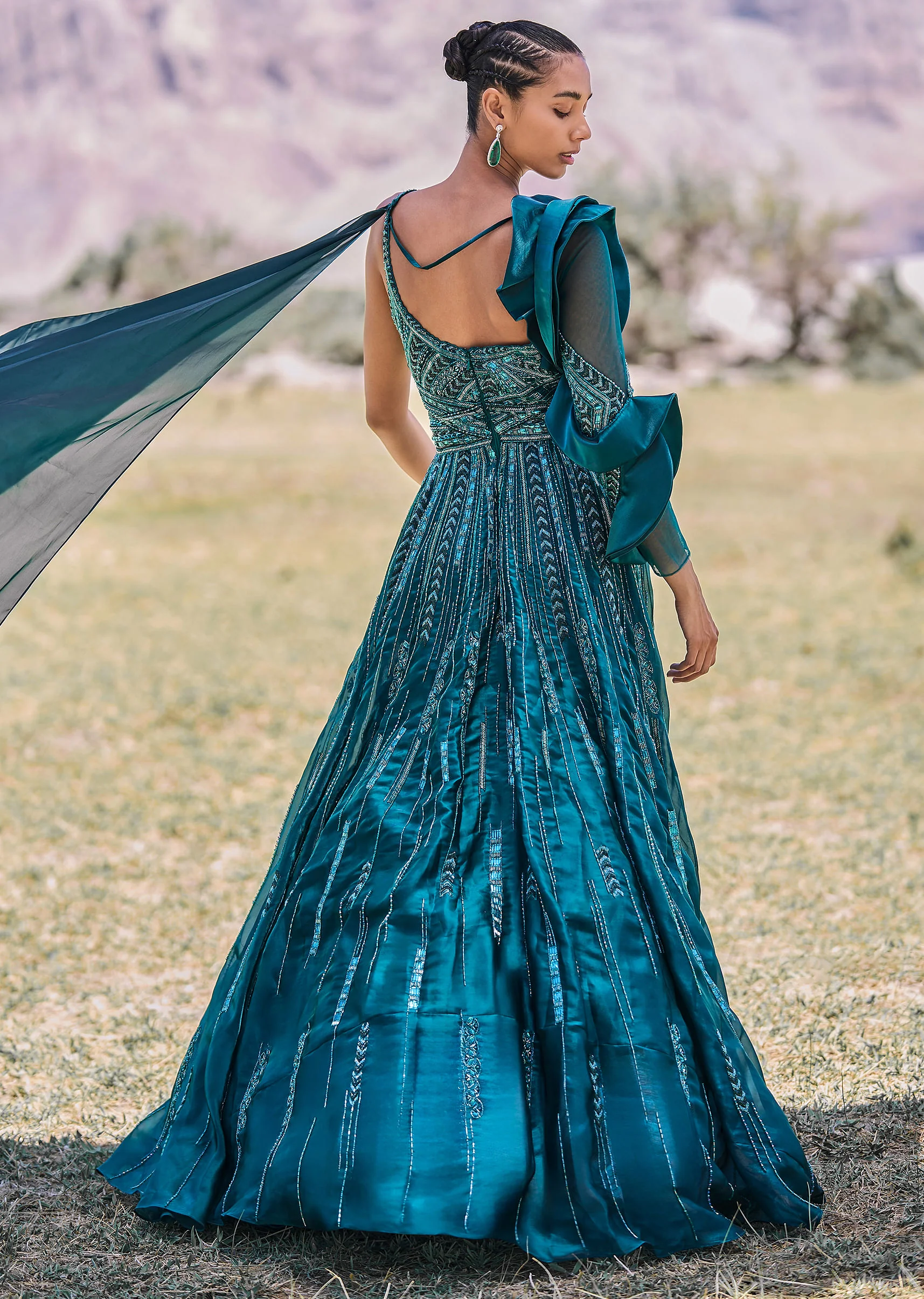 Peacock Green Embroidered Circular Frill Gown With Long Trail - Image 6