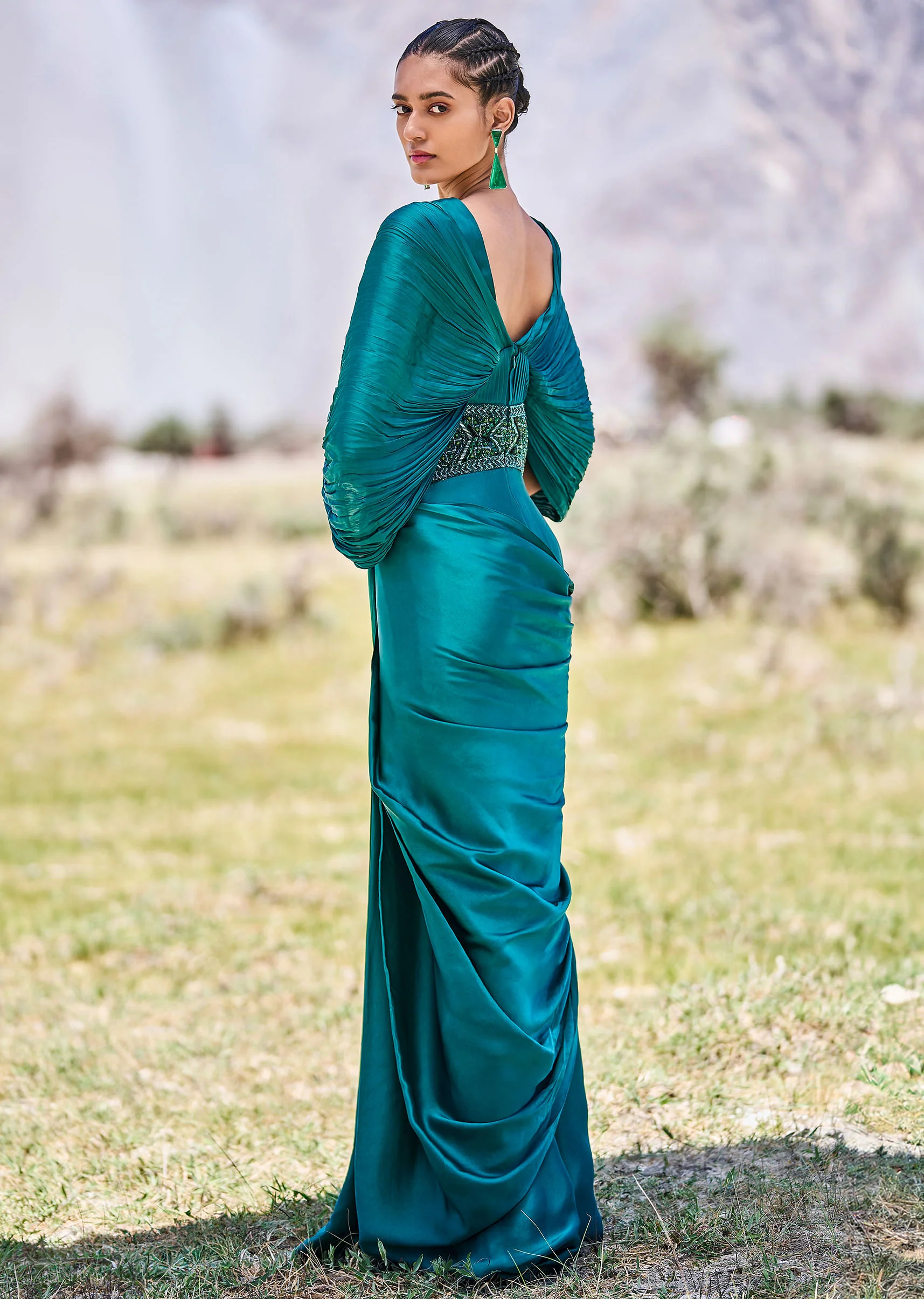 Peacock Green Embroidered Pre Draped Gown With Kimono Sleeves - Image 5