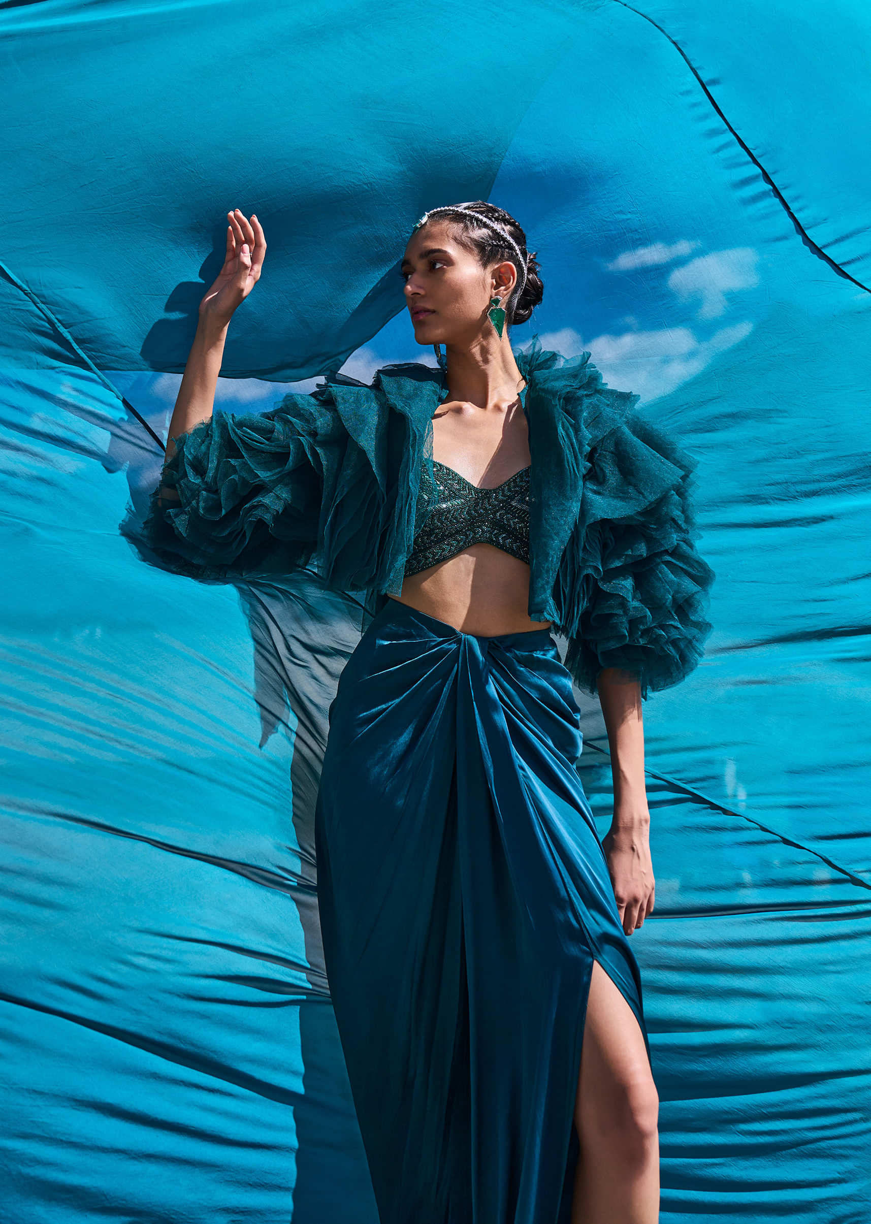 Peacock Green Satin Pre Draped Skirt Set With Ruffle Jacket - Image 2