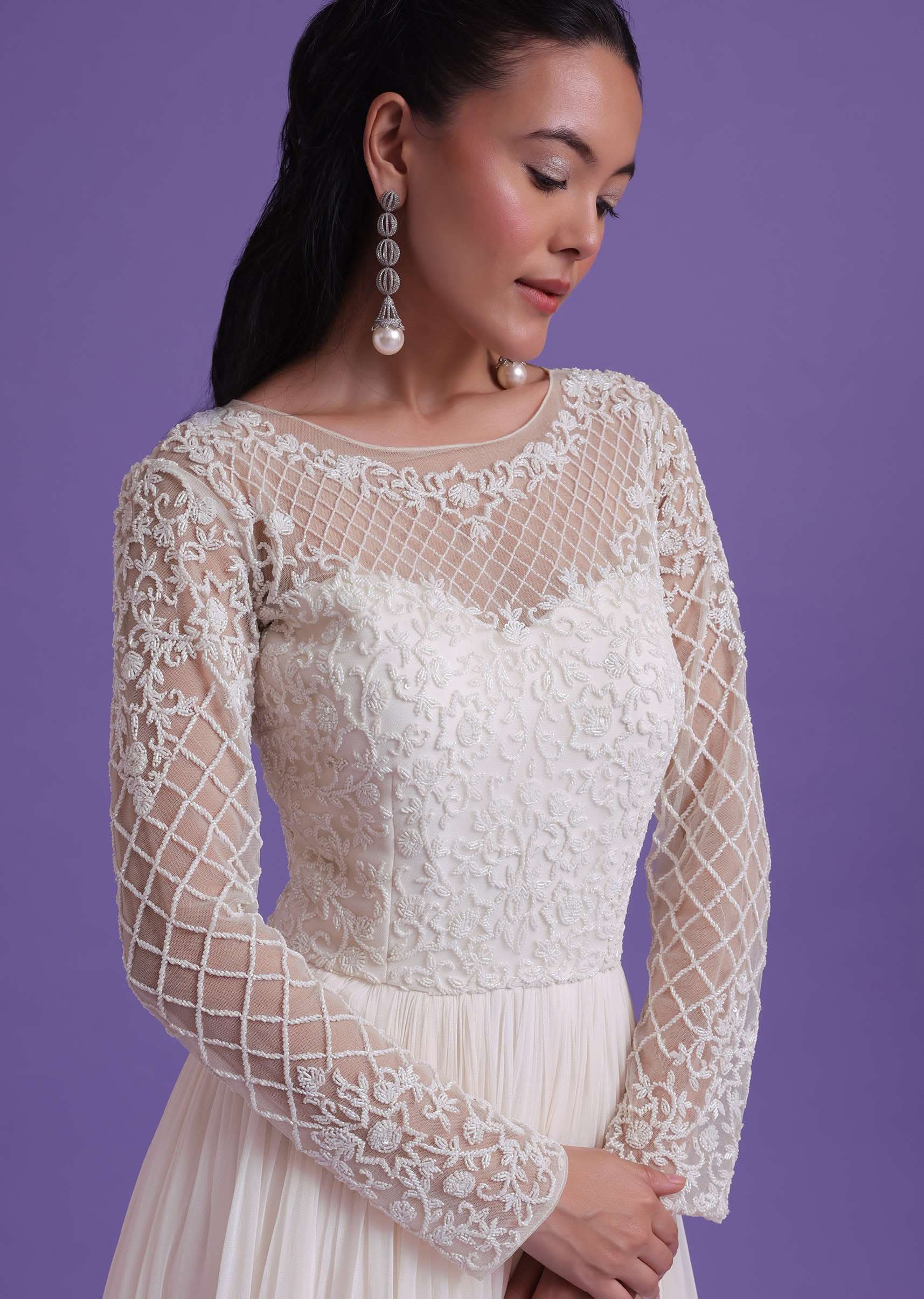 Pearl White Gown In Georgette With Cut Dana Embroidery - Image 10