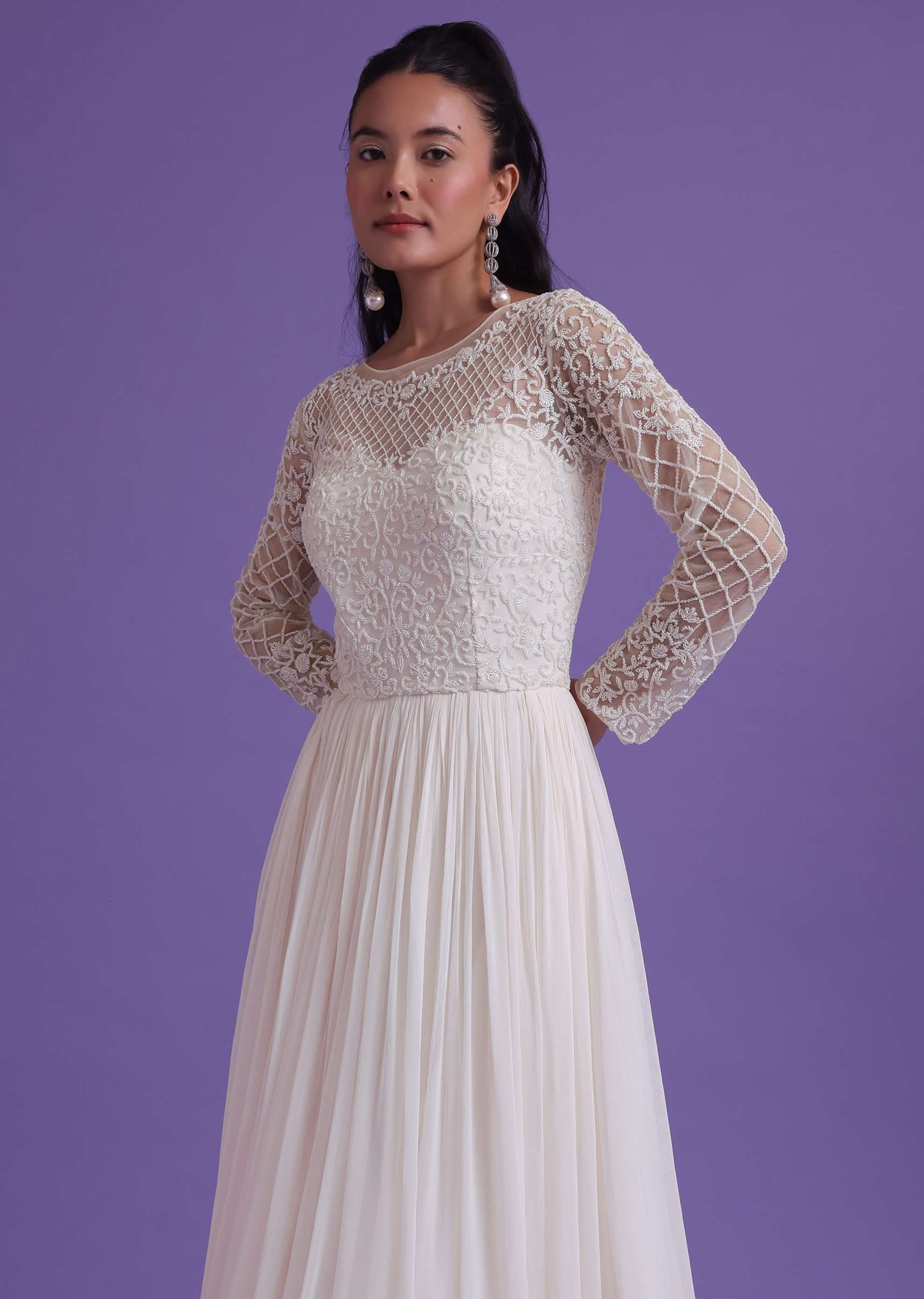 Pearl White Gown In Georgette With Cut Dana Embroidery - Image 11