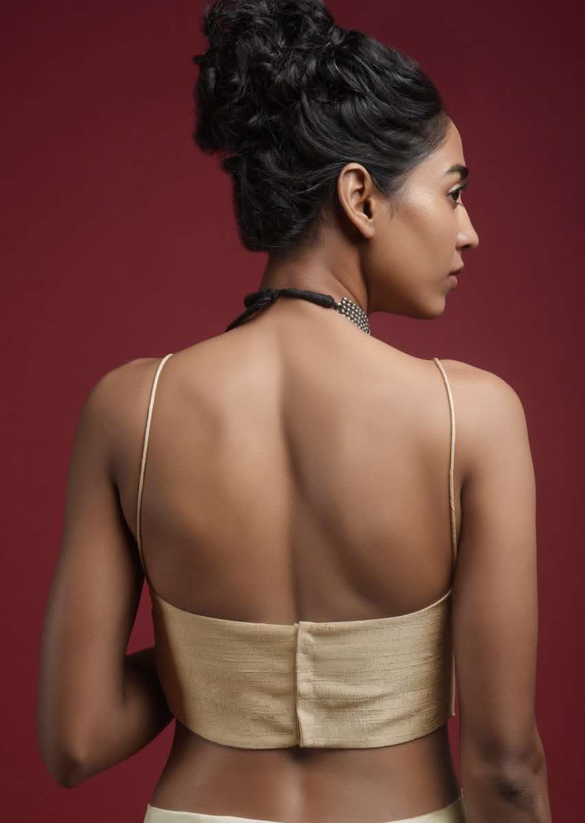 Pearl White Spaghetti Strap Blouse In Dupion Silk With Tube Neckline Online - Kalki Fashion - Image 5
