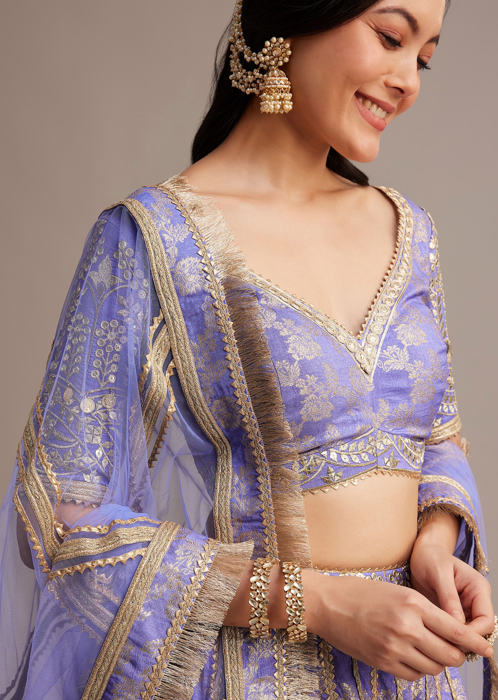 Periwinkle Blue Jacquard Lehenga Set With Zari And Sequins Work - Image 4