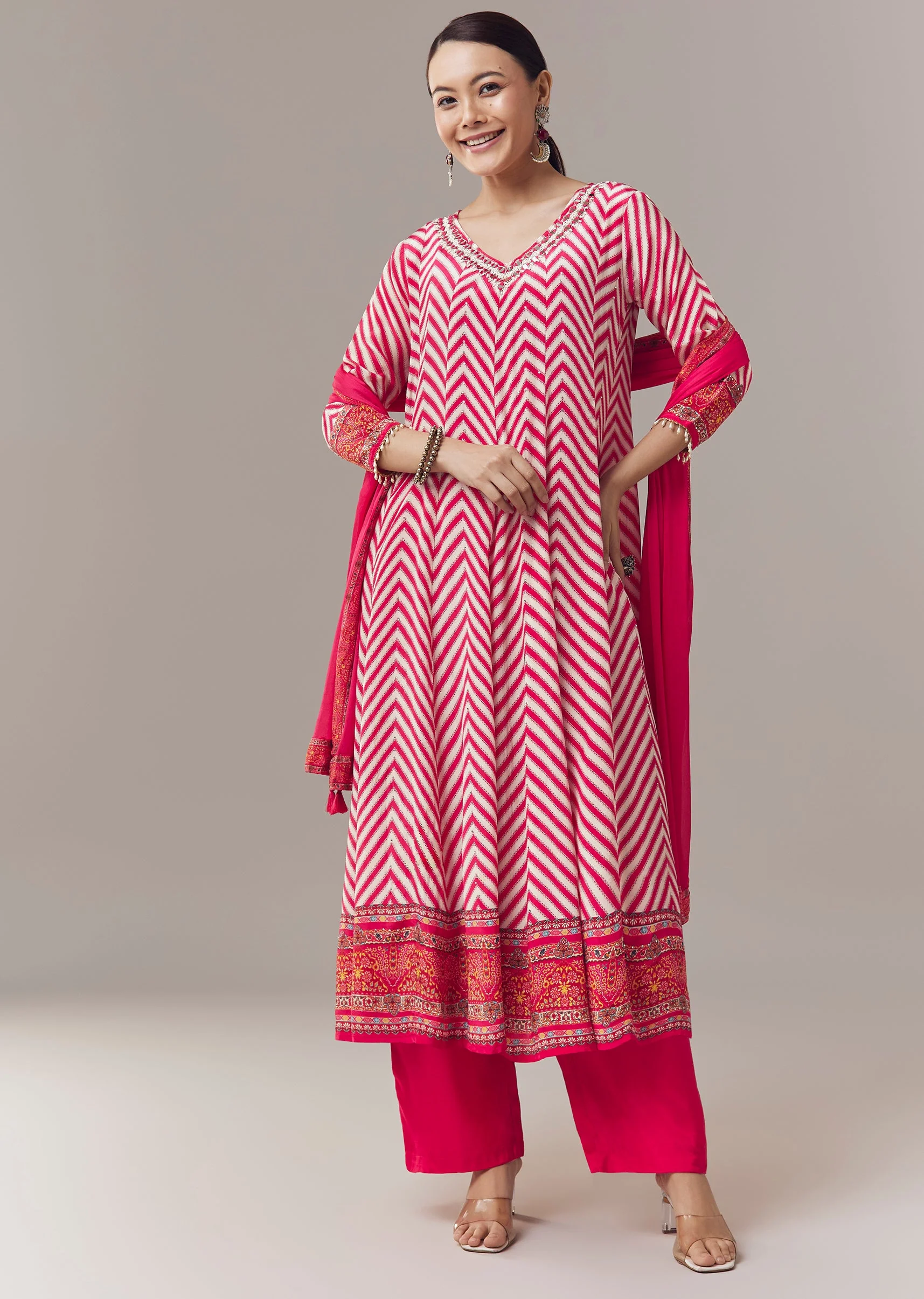 Pink Anarkali Suit In Chevron Print With Mirror Moti And Stone Work And Dupatta - Image 3